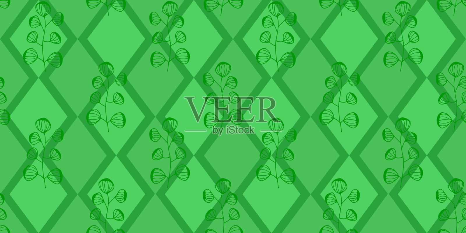 绿色背景与菱形和树枝。几何无缝模式。包装设计，壁纸，模板。矢量插图。插画图片素材