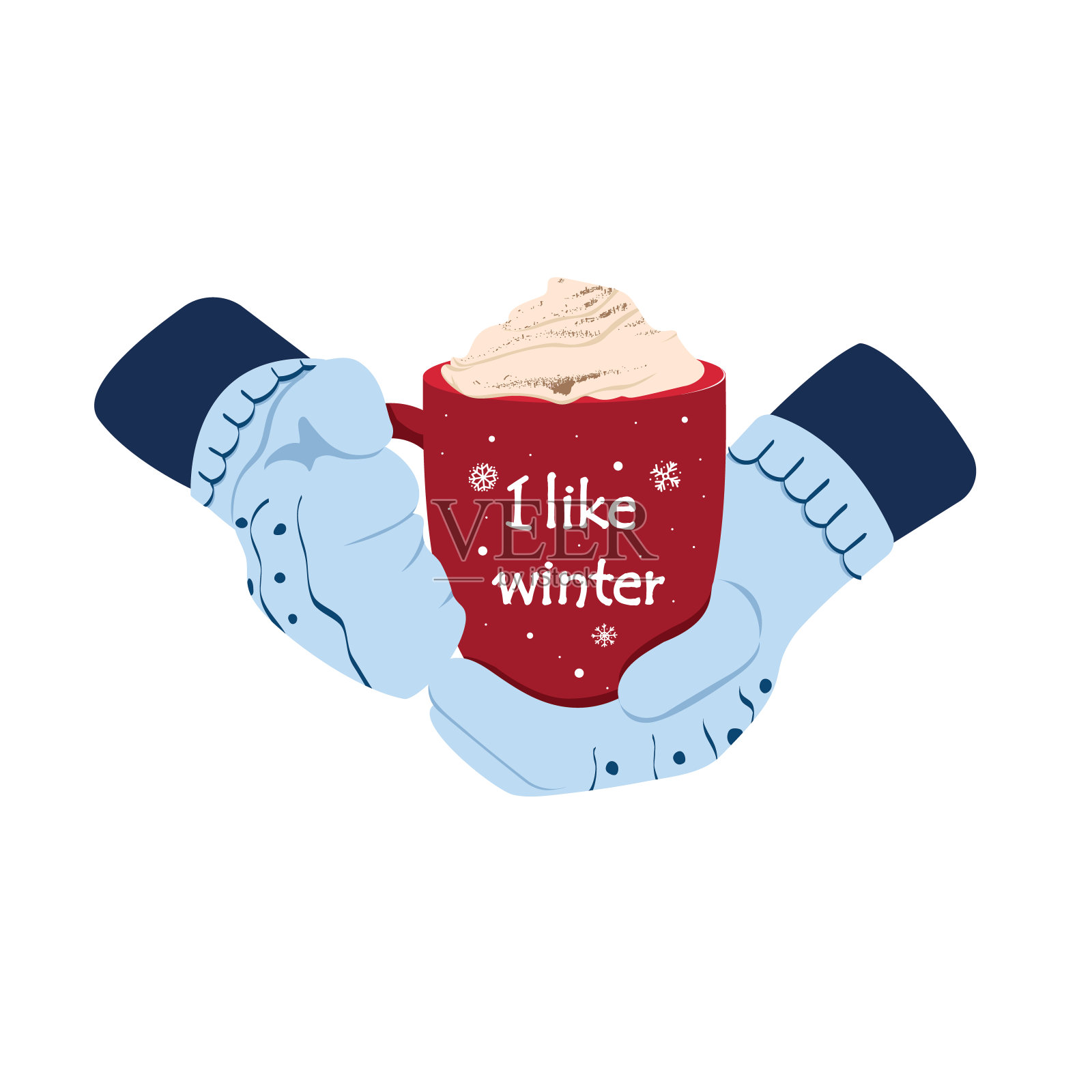 女性手戴连指手套，拿着一杯饮料。插画图片素材