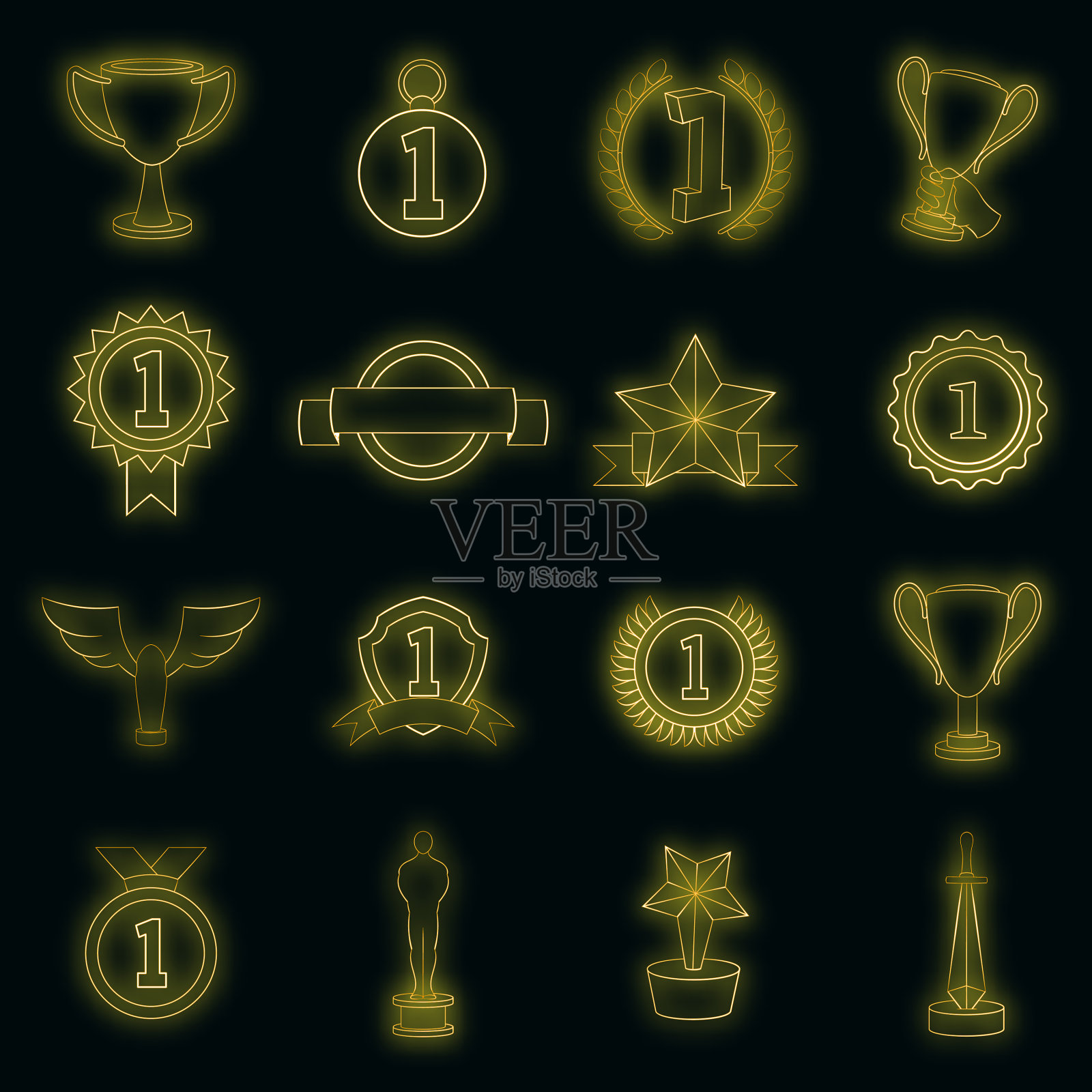奖杯奖图标设置霓虹灯图标素材