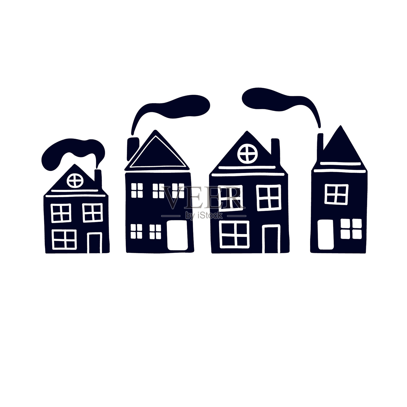 一套手绘的斯堪的纳维亚风格的房子。插画图片素材