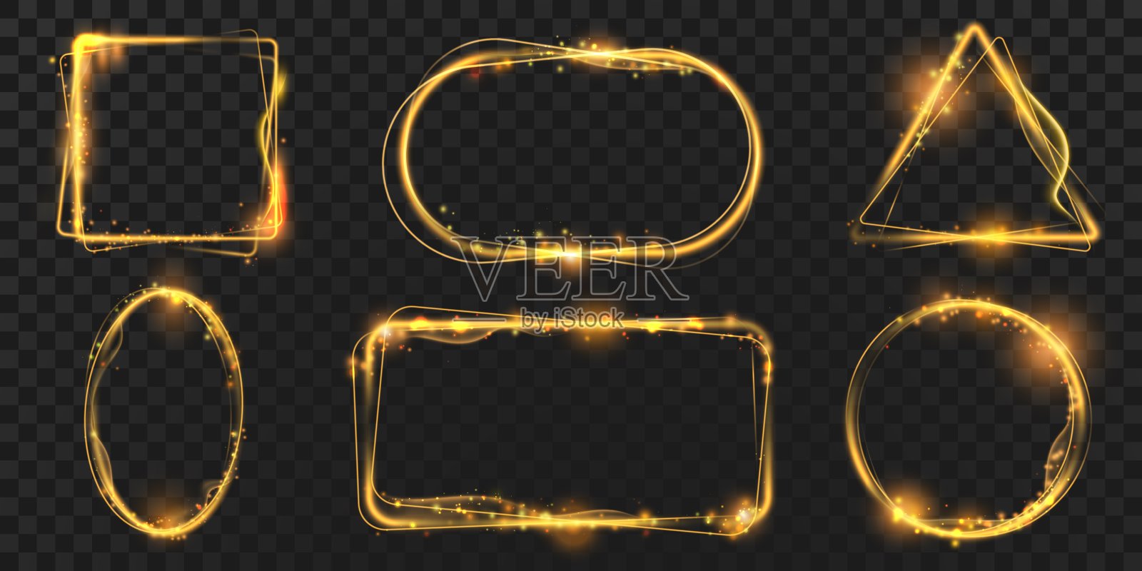 圆圈和正方形框架与黄金魔术光效果和火花。闪亮的矩形框架与闪光耀斑。发光条幅向量集插画图片素材