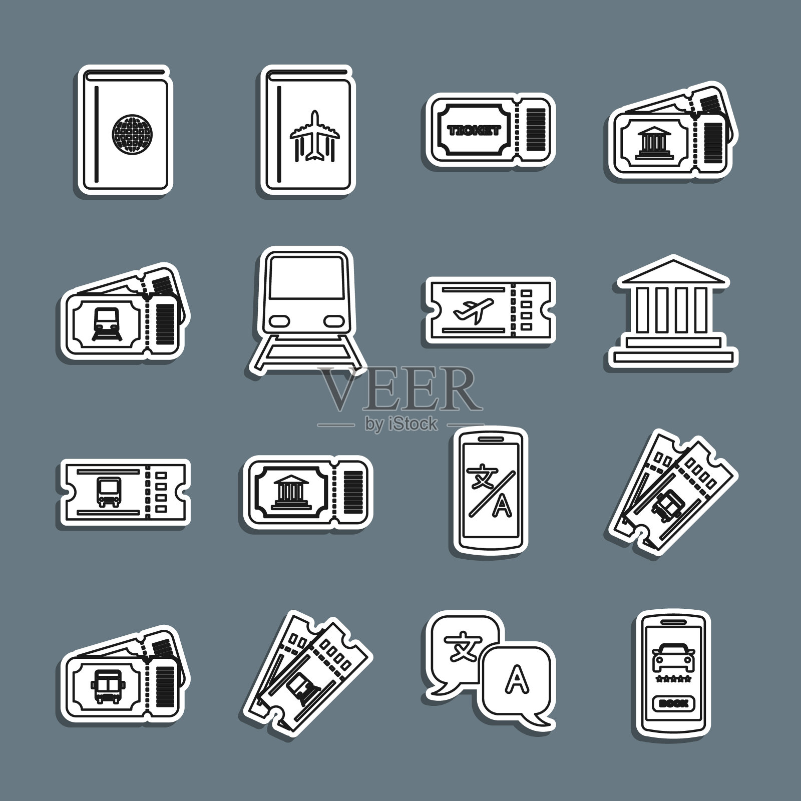 设置在线汽车共享，公交车票，博物馆建筑，车票，火车，封面书旅游指南和航空公司图标。向量图标素材