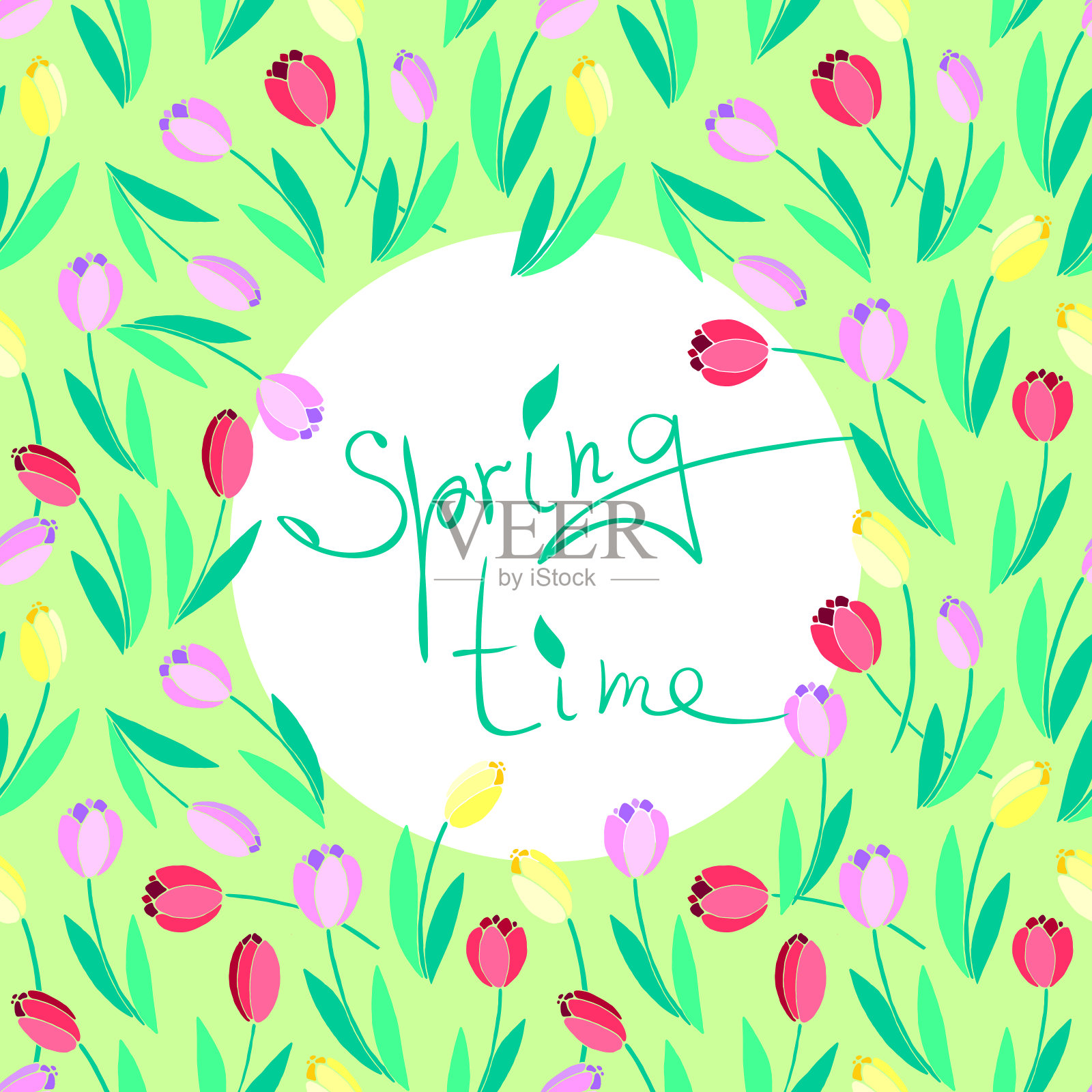 向量帧散红色，粉色，黄色，鲜艳的郁金香。春天——花坛上的文字。用于贺卡、节日装饰插画图片素材