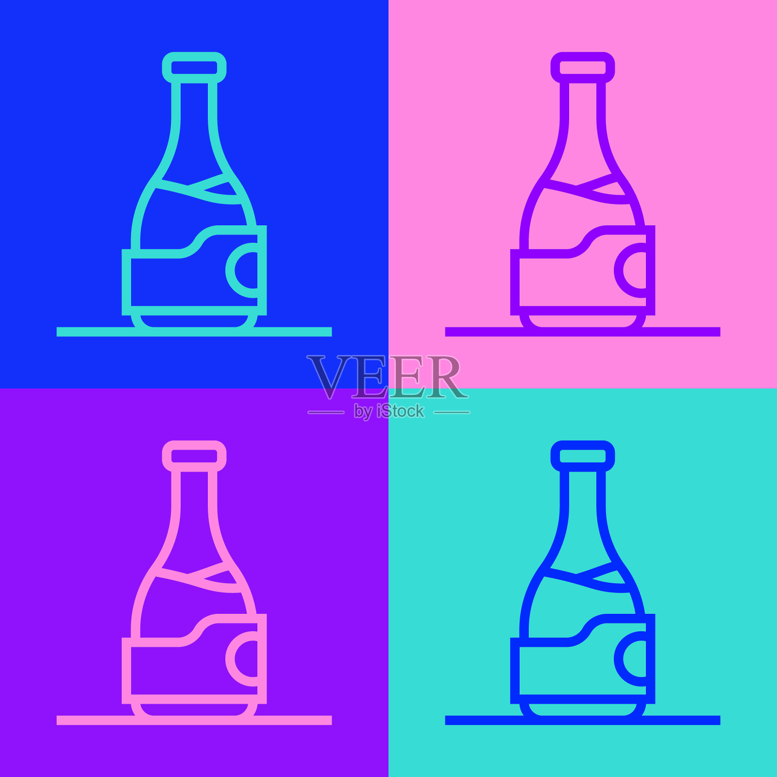 波普艺术线瓶的葡萄酒图标孤立的颜色背景。向量插画图片素材