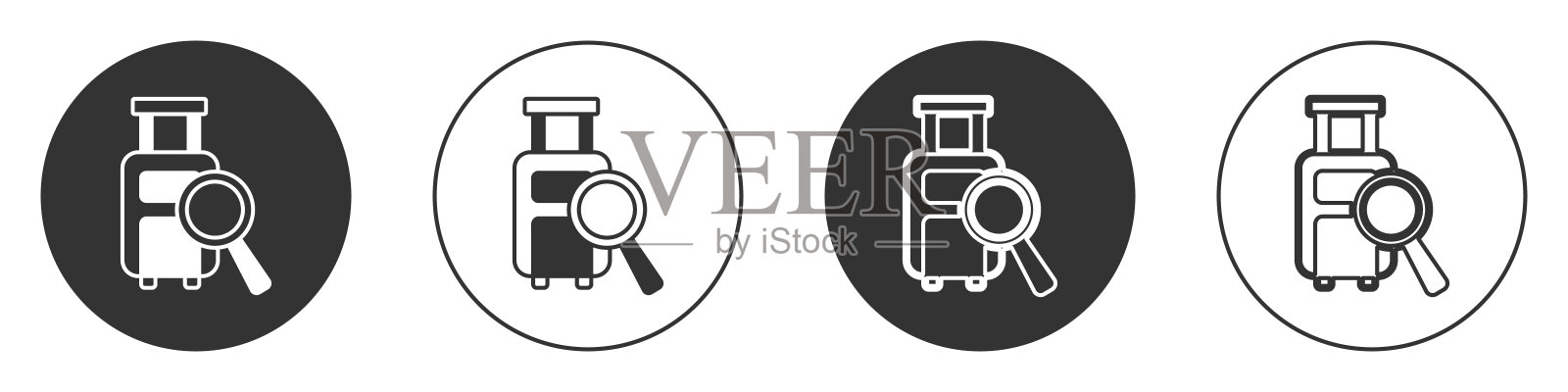 黑色航空公司服务寻找丢失的行李图标孤立在白色背景。搜索的行李。圆按钮。向量图标素材