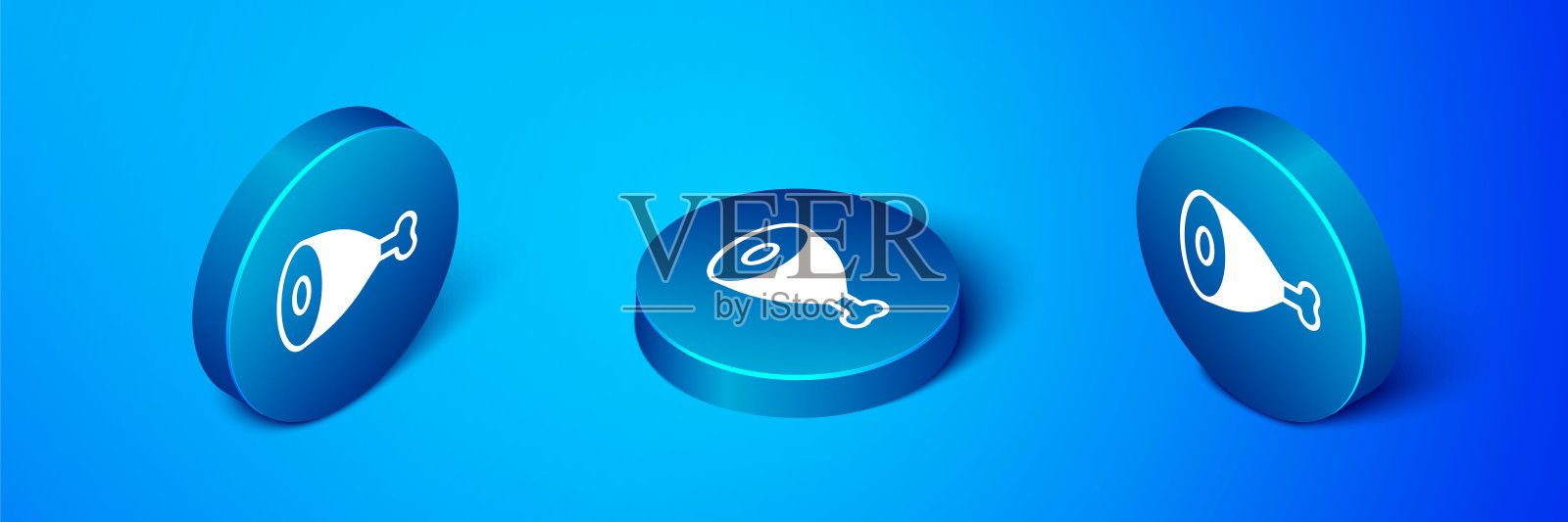 在蓝色背景上孤立的鸡腿图标。鸡腿。蓝色圆按钮。向量插画图片素材