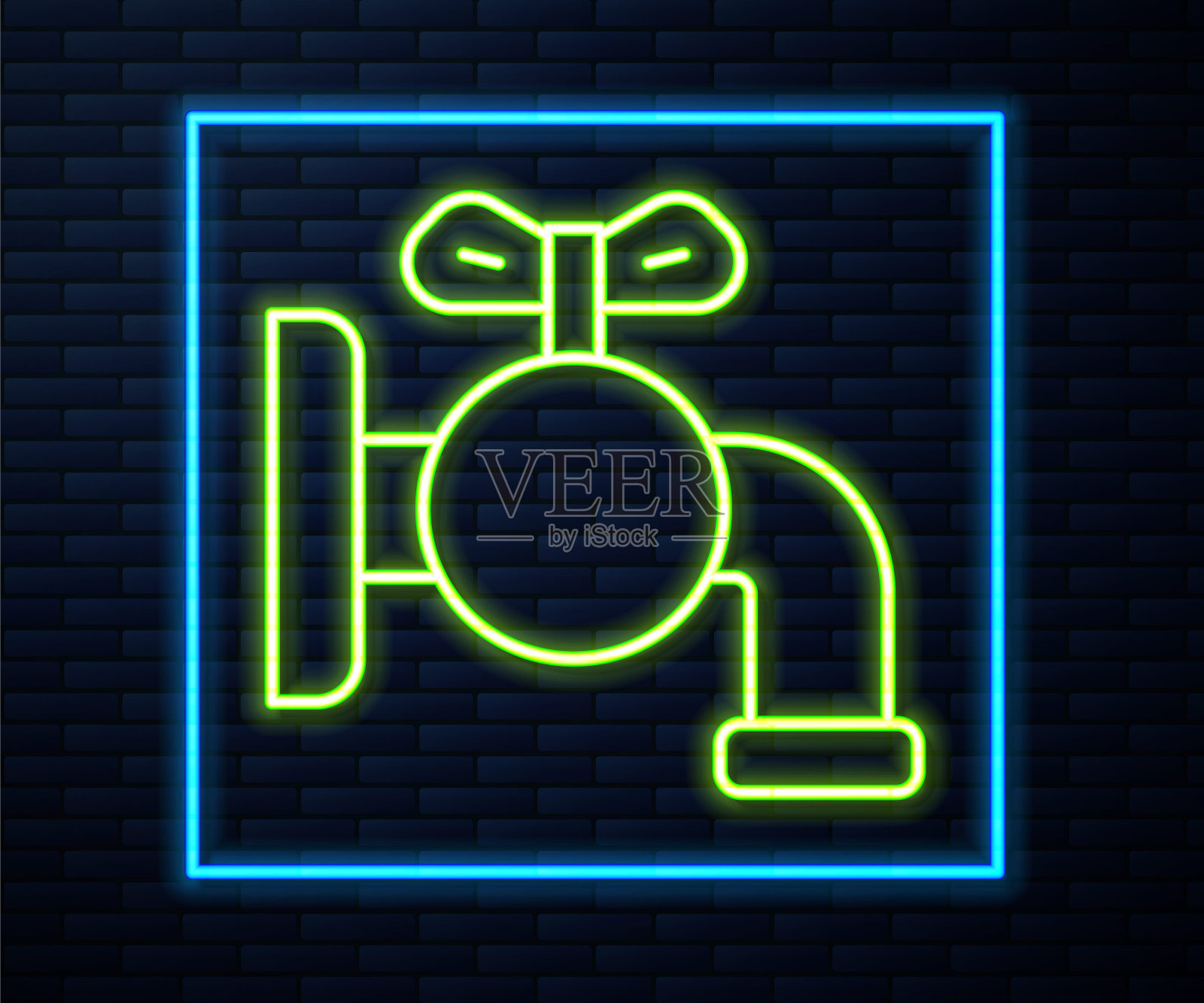 发光的霓虹灯线点击一个桶图标孤立在砖墙背景上。向量插画图片素材