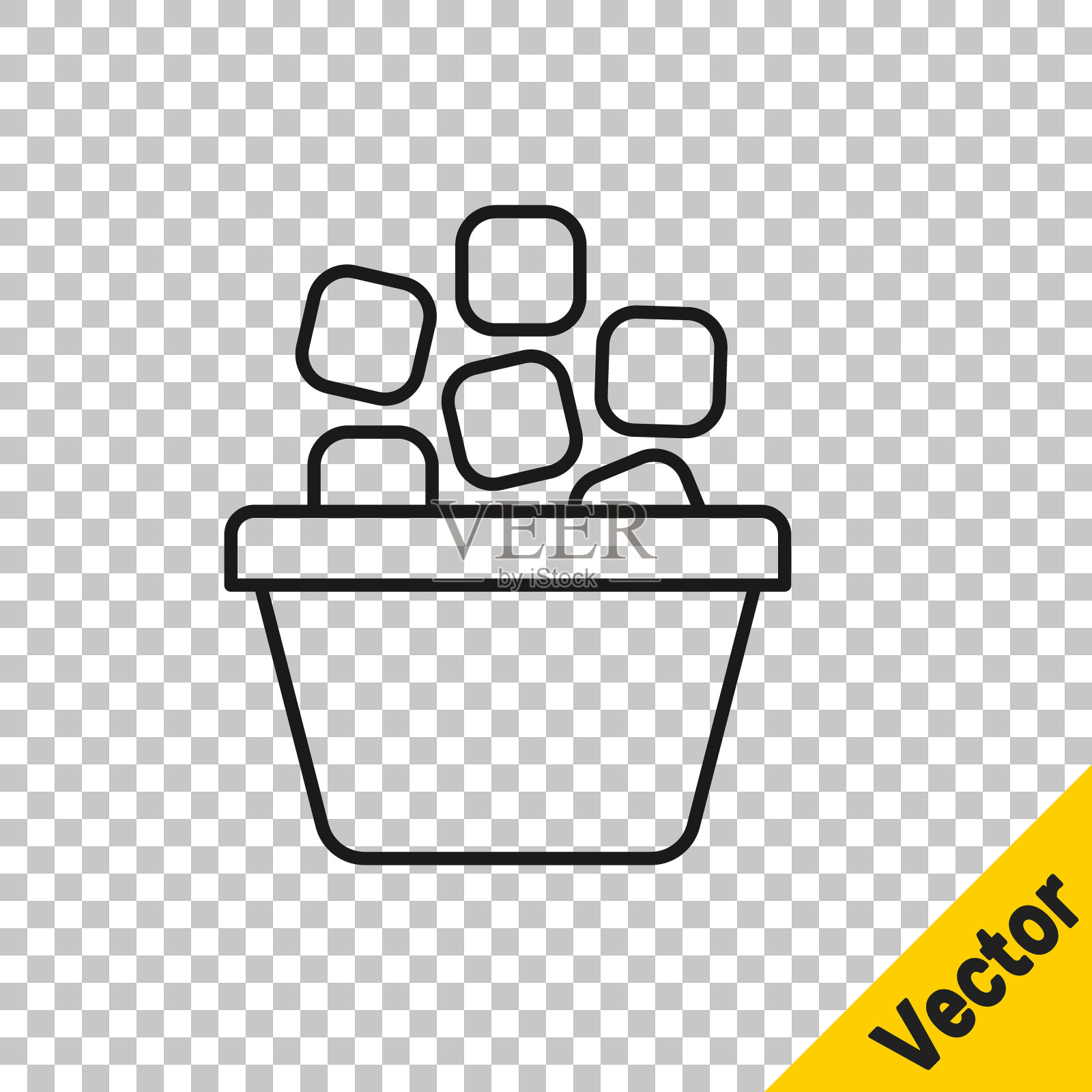 黑色线冰桶装满了透明背景上孤立的冰块图标。向量插画图片素材