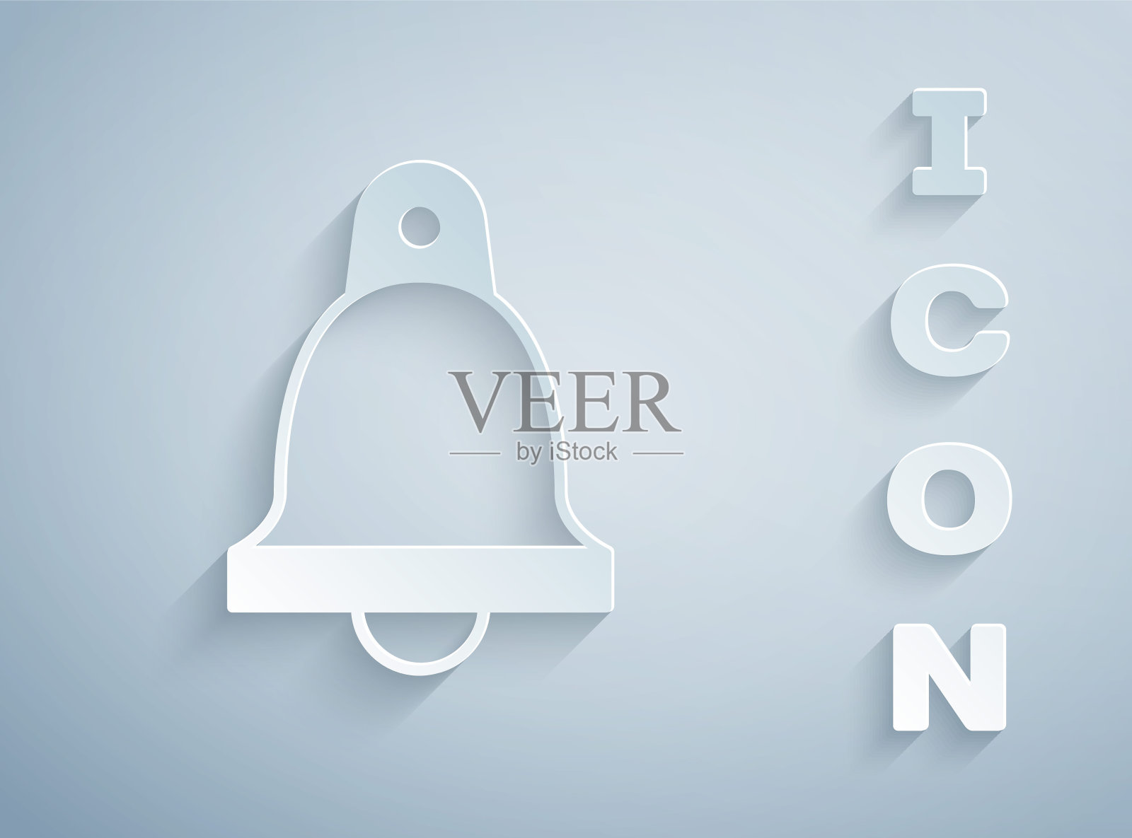 剪纸教堂钟图标孤立的灰色背景。警报符号、服务铃、手铃标志、通知符号。纸艺术风格。向量插画图片素材