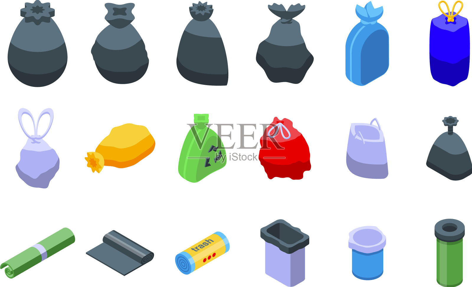 垃圾袋图标设置等距食物图标素材