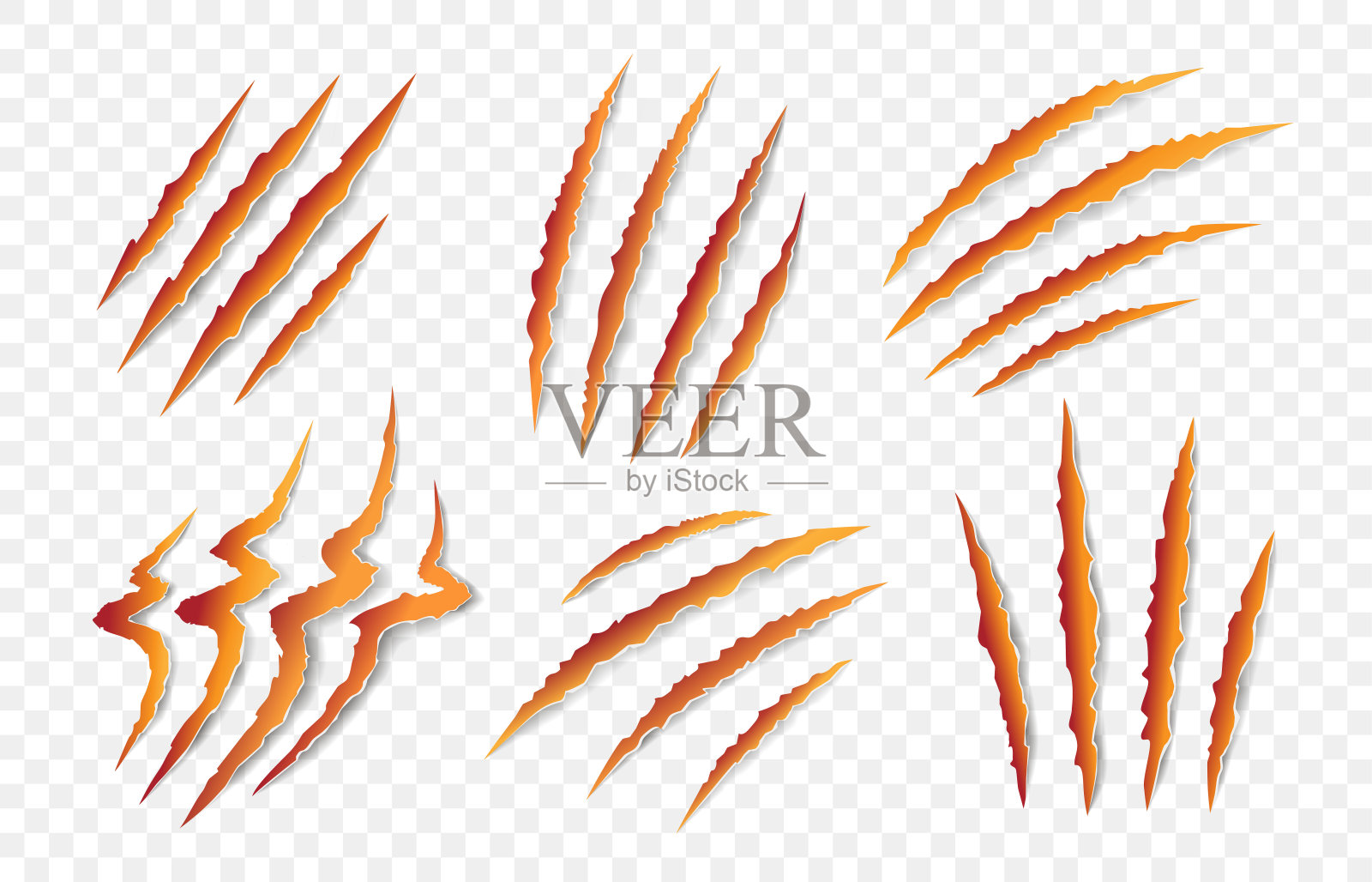 集橙色动物爪印，抓痕，爪削减猫，老虎，狗，狮子，怪物孤立在白色背景上。插画图片素材