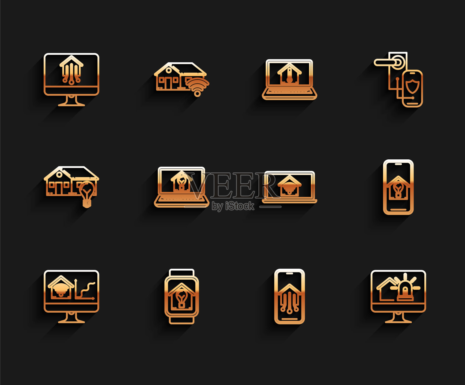 设置线电脑显示器与智能家庭与wi-fi，智能手表房子和灯泡，手机，闹钟，笔记本电脑，和图标。向量图标素材