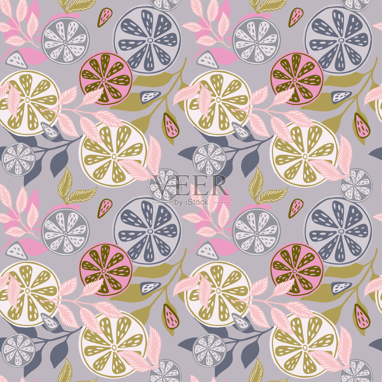 柑橘类水果无缝图案。斯堪的纳维亚风味的柠檬、酸橙、橙子和树枝插画图片素材