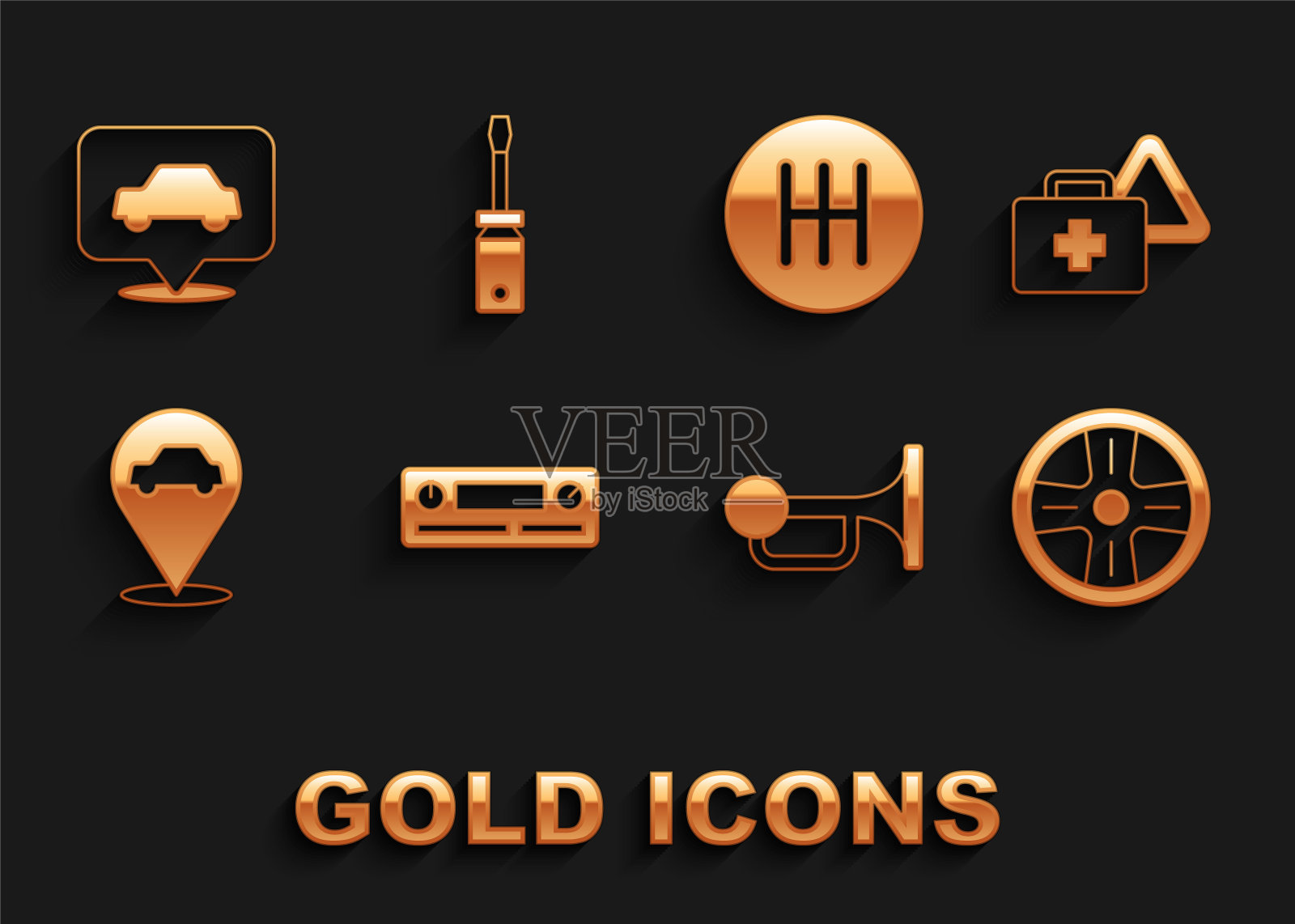 设置汽车音频，急救箱和三角警告，合金车轮，车辆上的信号喇叭，位置与汽车服务，变速杆，和螺丝刀图标。向量图标素材