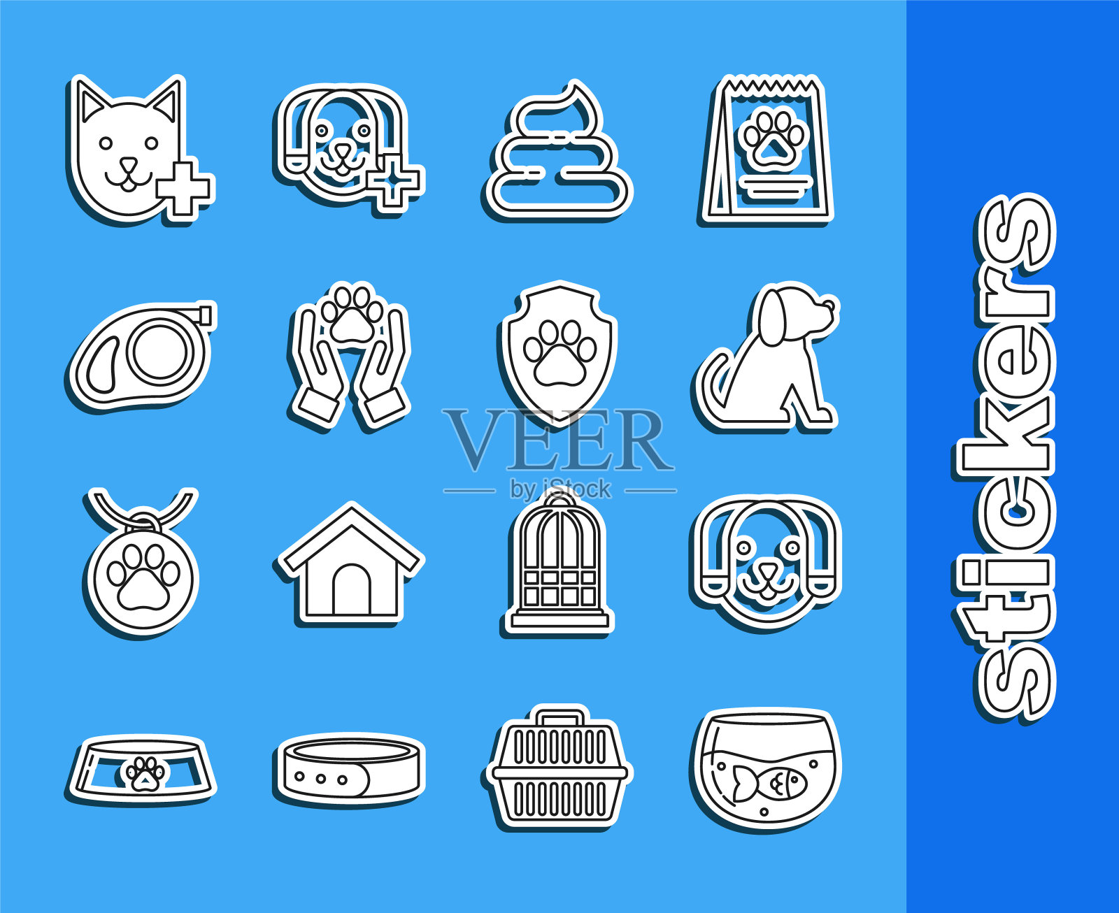 设置线水族馆与鱼，狗，狗屎，手动物足迹，可伸缩绳牵引钩，兽医诊所符号和动物健康保险图标。向量图标素材
