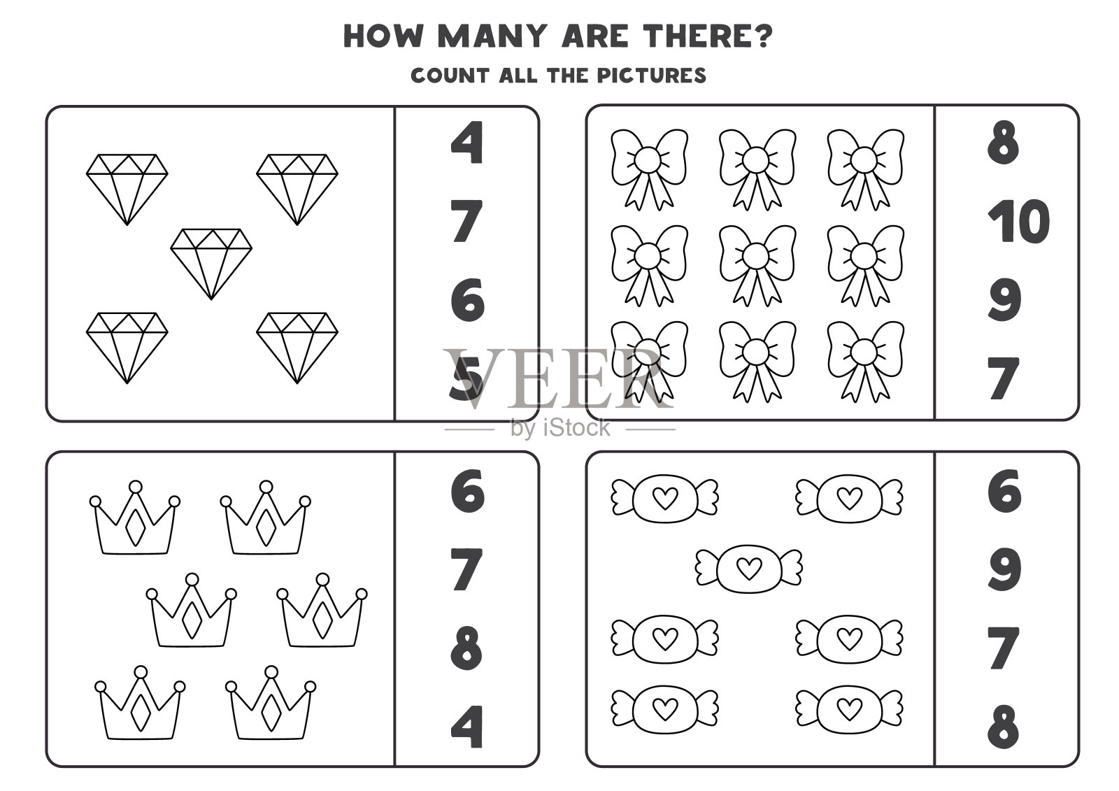 计数游戏与可爱的黑白元素。教育工作表。插画图片素材