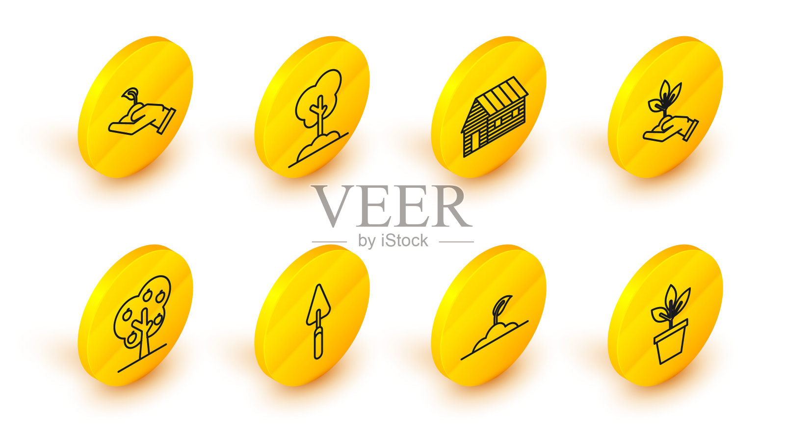 花盆花卉、苗木、花园泥铲或铁锹、带苹果树、环保植物之手、农家、地面及图标。向量图标素材