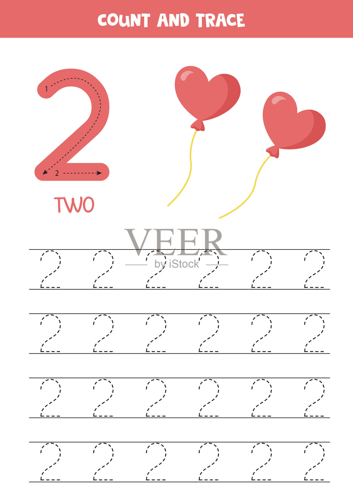 跟踪2号。带可爱粉色气球的学前作业纸。插画图片素材