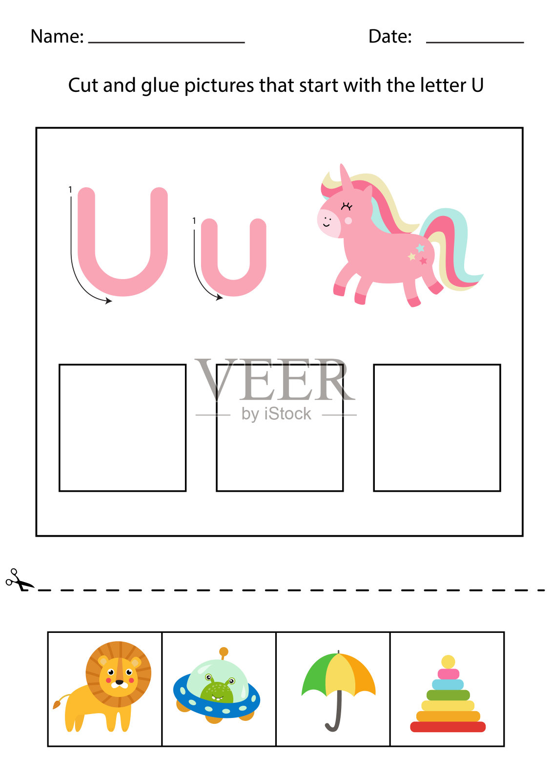 儿童字母识别。削减和胶水。字母U。插画图片素材