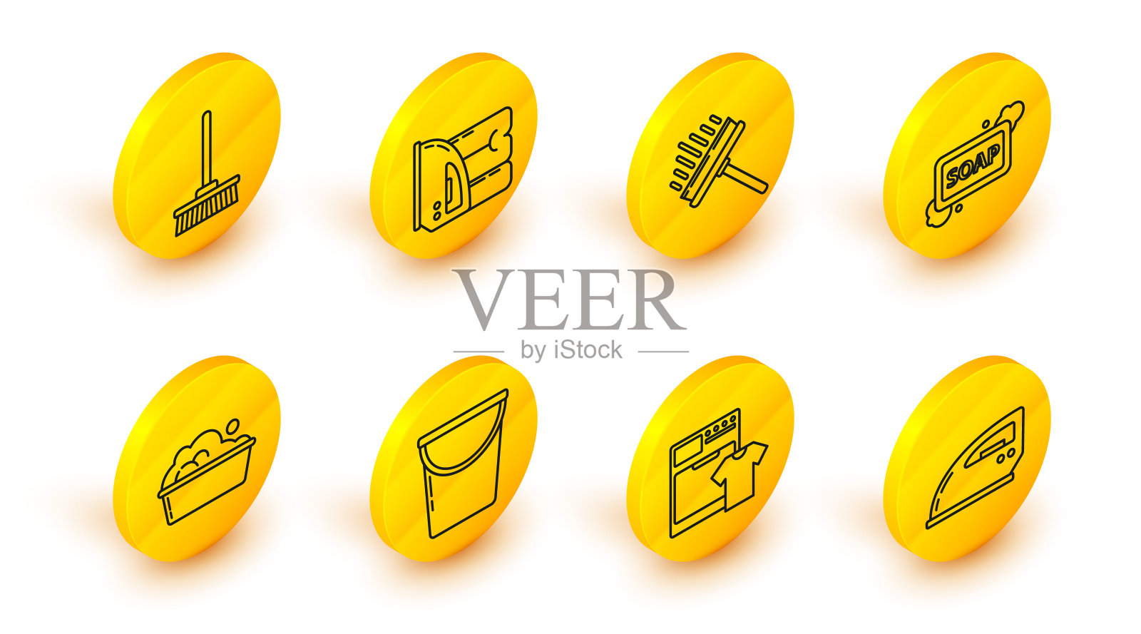 集电熨斗、洗衣机、t恤、水桶、带肥皂泡沫的塑料盆、泡沫棒、刮板、刮水器、毛巾、拖把图标于一体。向量图标素材