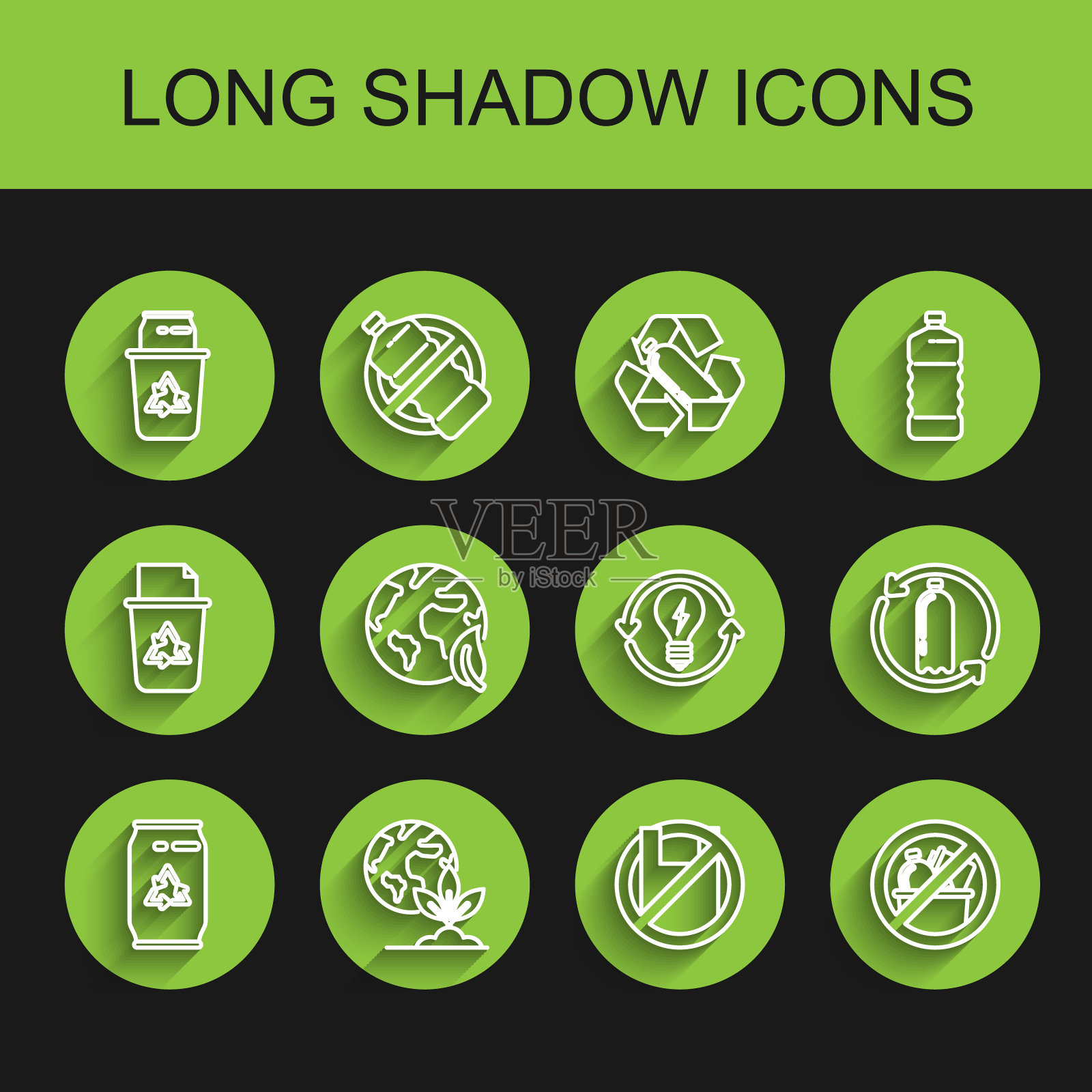 设置线罐回收标志和罐，地球地球植物，回收站，说不塑料袋海报，无垃圾，树叶，回收瓶和灯泡闪电图标。向量插画图片素材