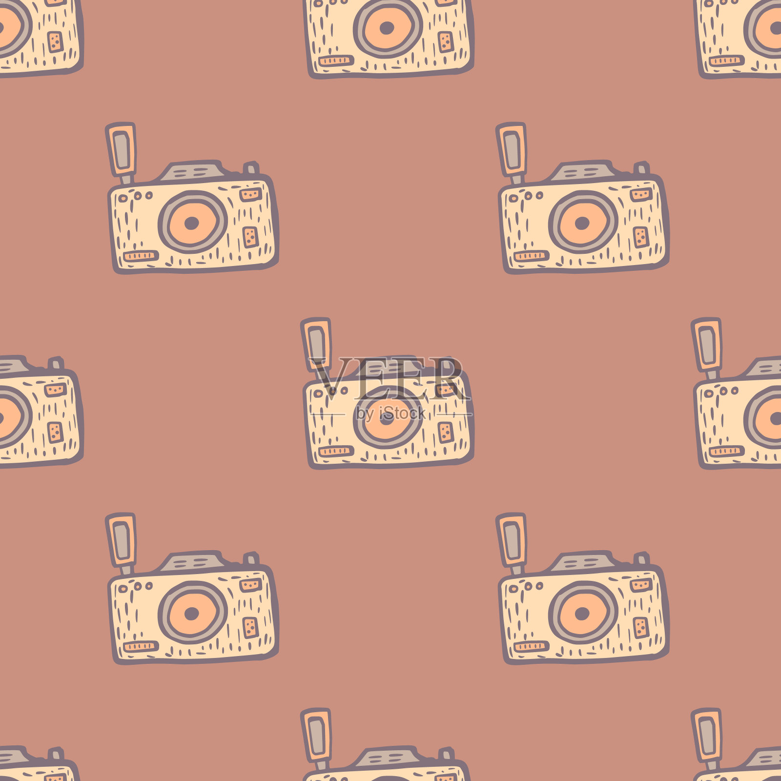 照片相机无缝模式。可爱的老式相机背景。插画图片素材