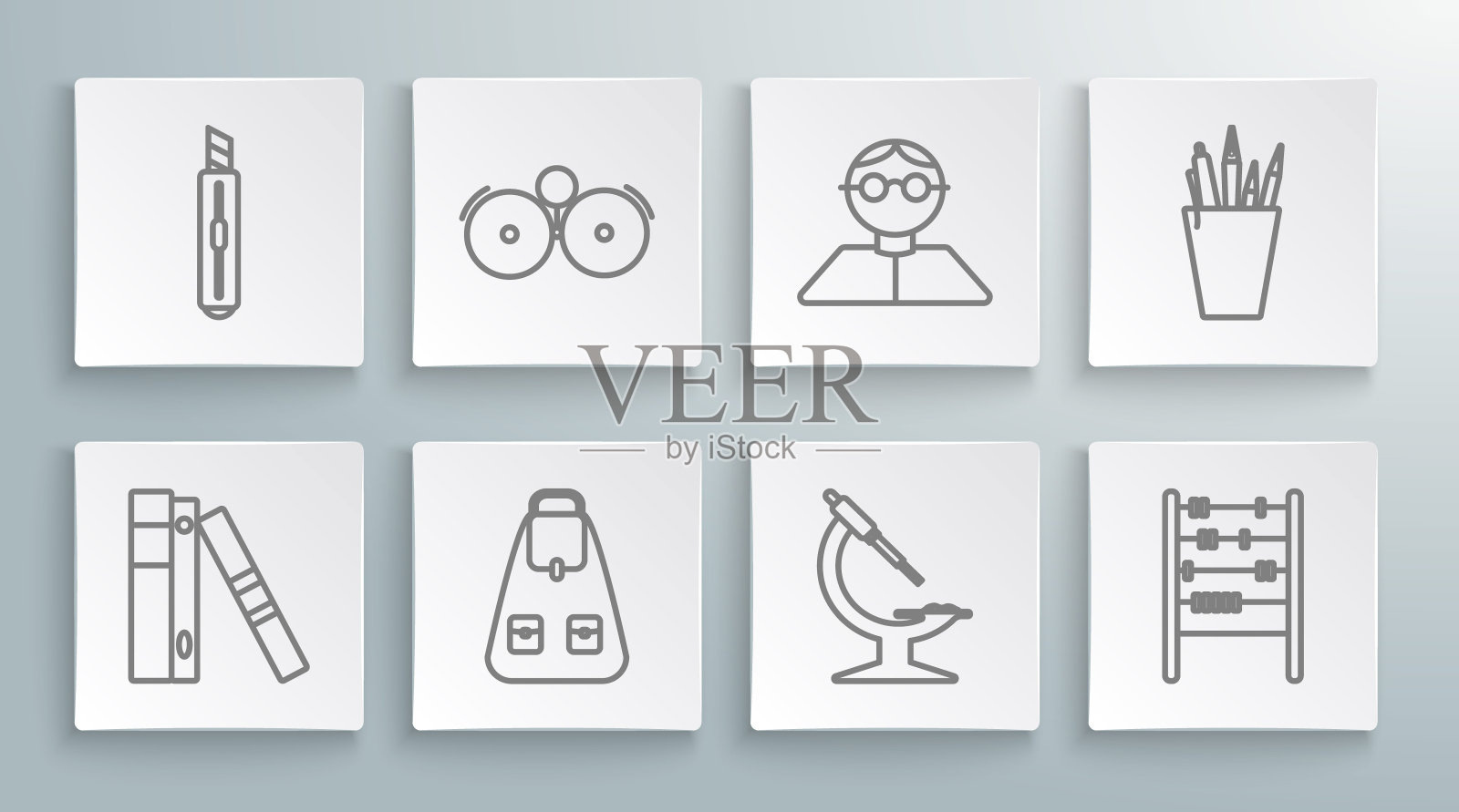 设置线办公室文件夹与纸张和文件，铃声，学校背包，显微镜，算盘，学生，铅笔盒文具和文具刀图标。向量图标素材