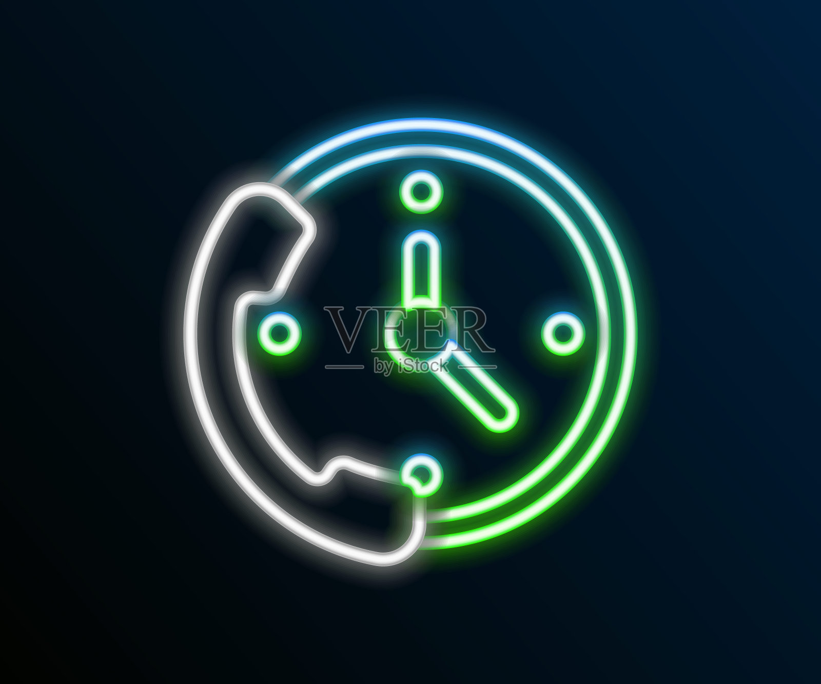 发光霓虹灯线电话24小时支持图标孤立在黑色背景。全天候客户支持呼叫中心。全职电话服务。色彩斑斓的轮廓的概念。向量插画图片素材