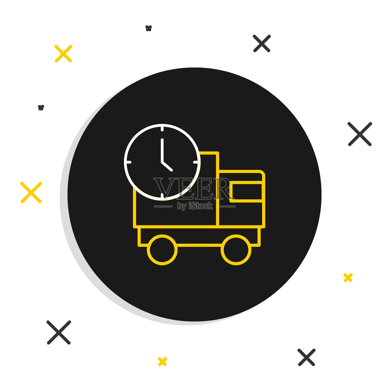 线物流送货卡车和时间图标孤立在白色背景上。交货时间图标。色彩斑斓的轮廓的概念。向量插画图片素材