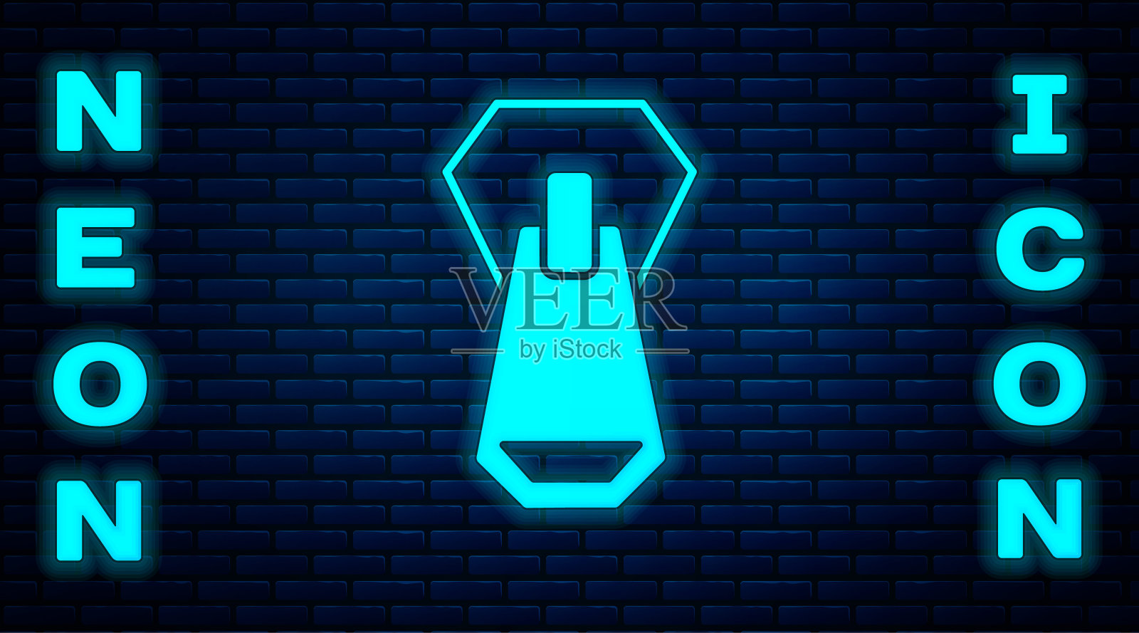 发光的霓虹灯拉链图标孤立在砖墙背景。向量插画图片素材
