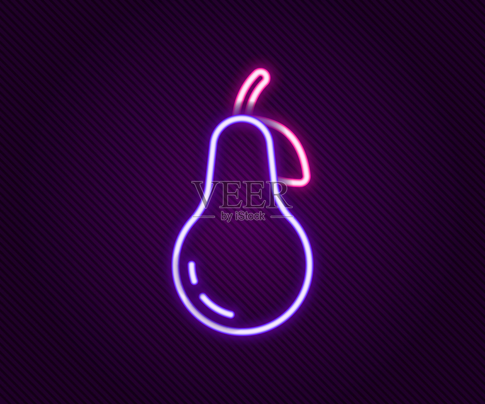 发光的霓虹灯线梨图标孤立在黑色背景。有叶子标志的水果。色彩斑斓的轮廓的概念。向量插画图片素材