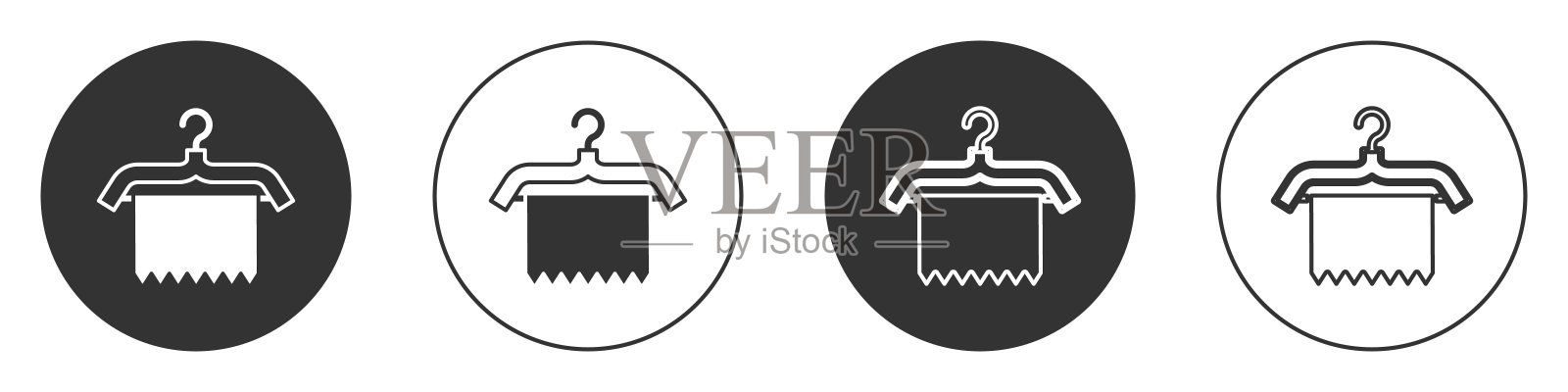 黑色衣架衣柜图标孤立在白色背景上。干净的毛巾的迹象。衣帽间图标。衣服服务的象征。洗衣吊架。圆按钮。向量图标素材