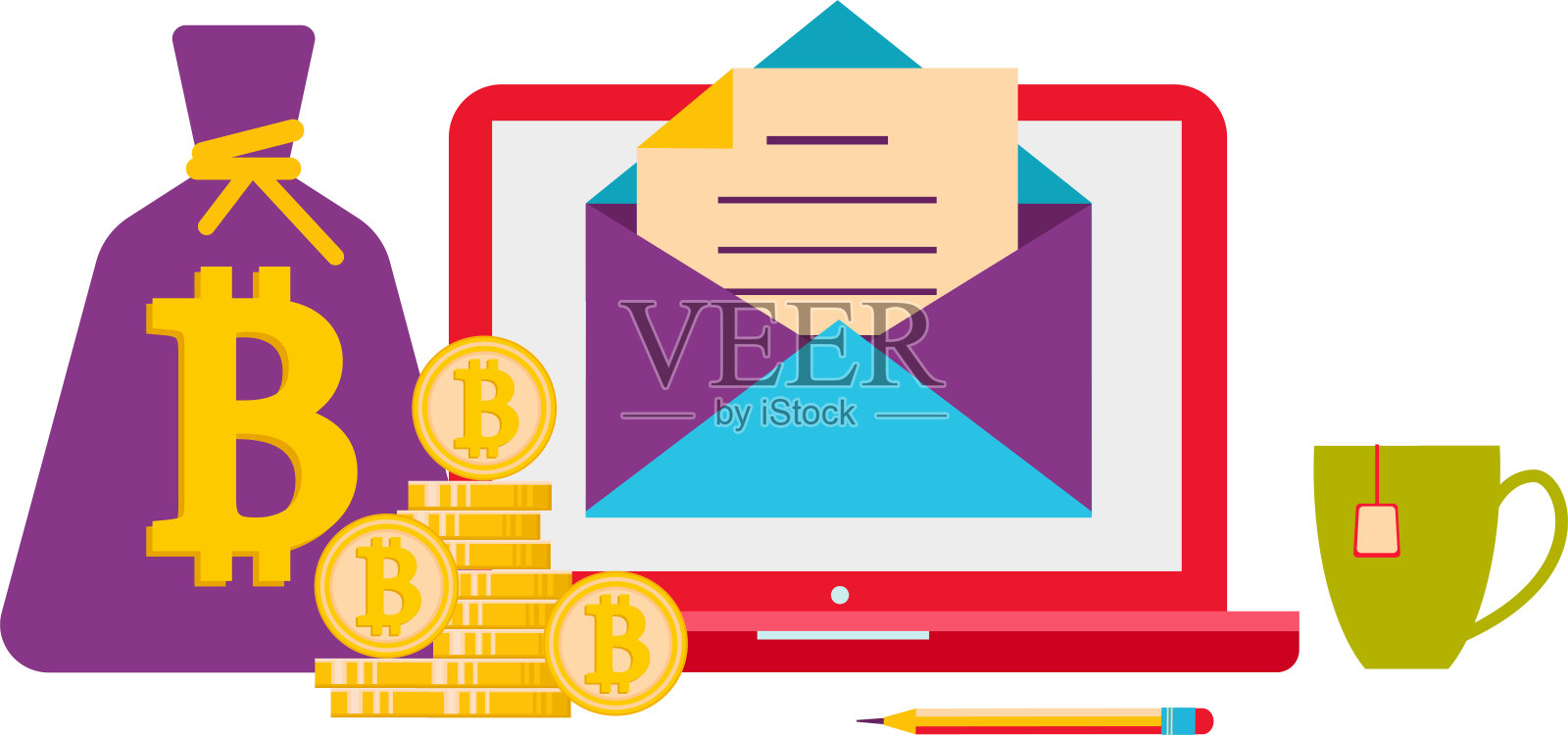 笔记本电脑屏幕上有一个字母。Cryptocurrency。插画图片素材