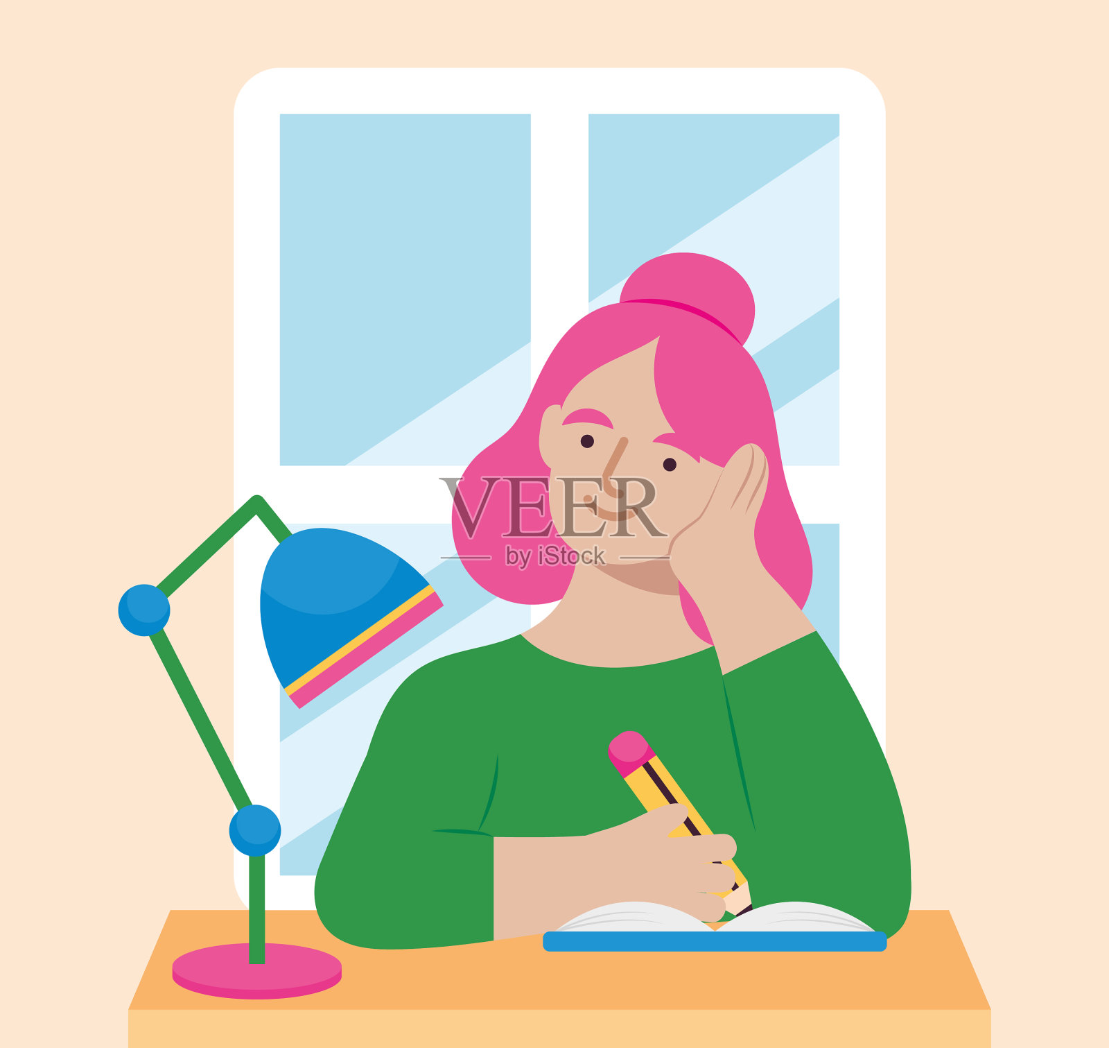 坐在桌前思考的女人插画图片素材