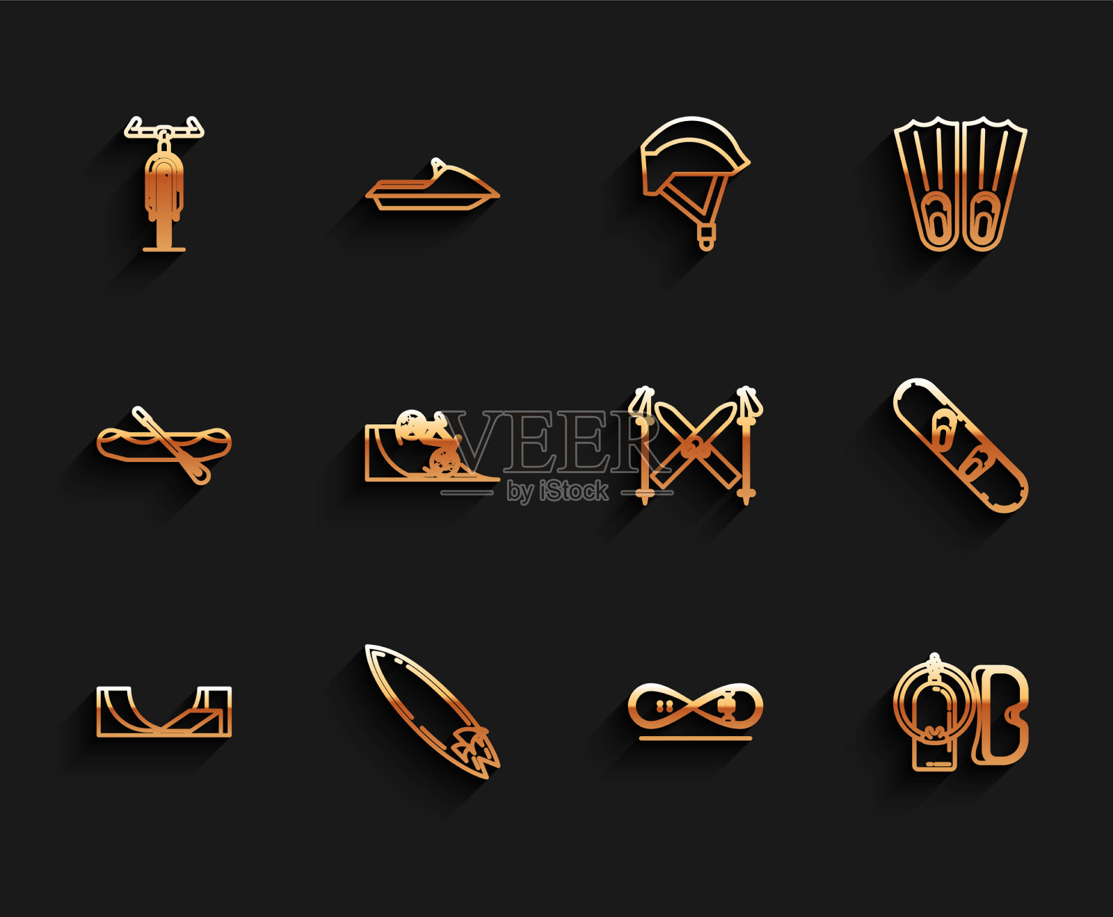 设置直线滑板公园冲浪板自行车图标素材