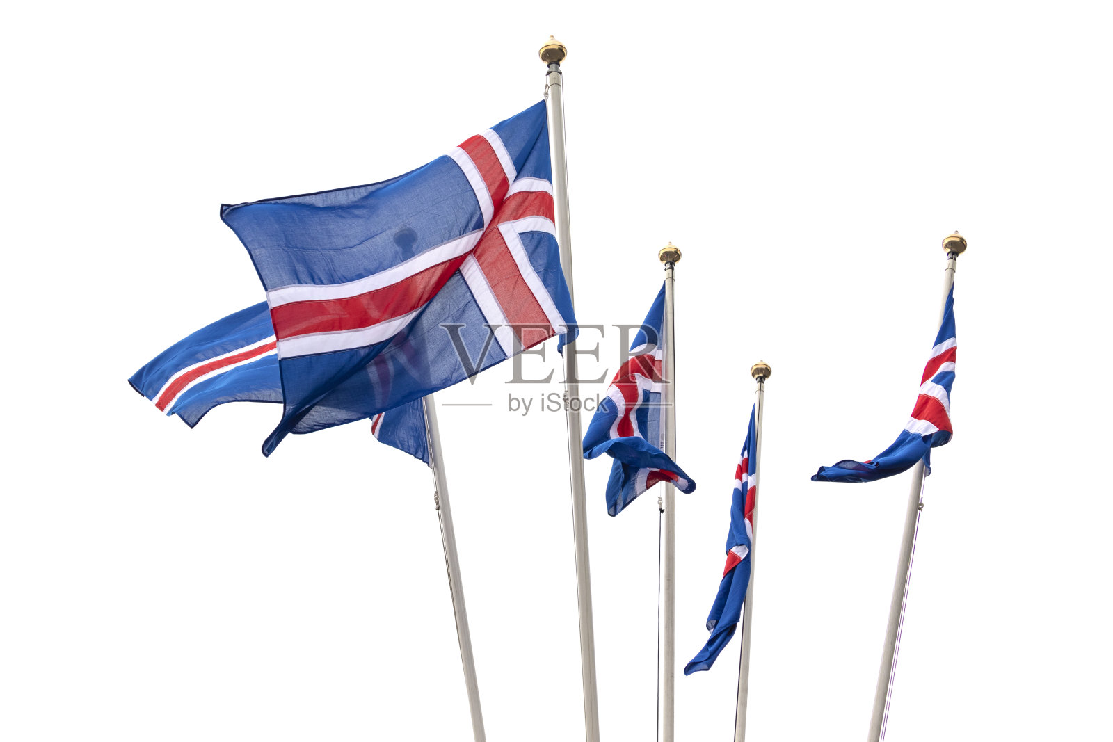 冰岛国旗被白色隔开。近距离观看冰岛飘扬的国旗。照片摄影图片