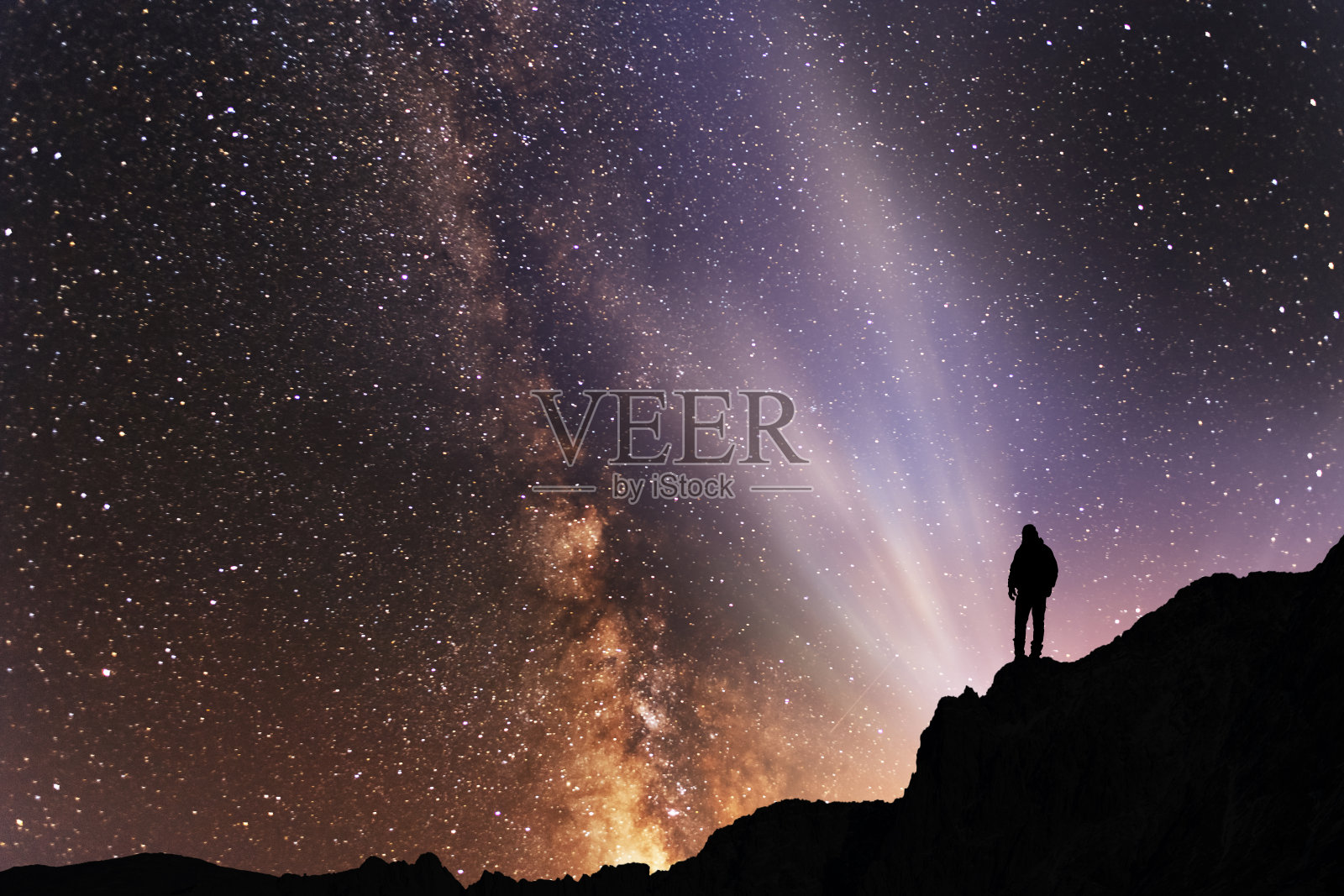 星空下，山顶上一个人的剪影。明亮的银河系在他身后。照片摄影图片