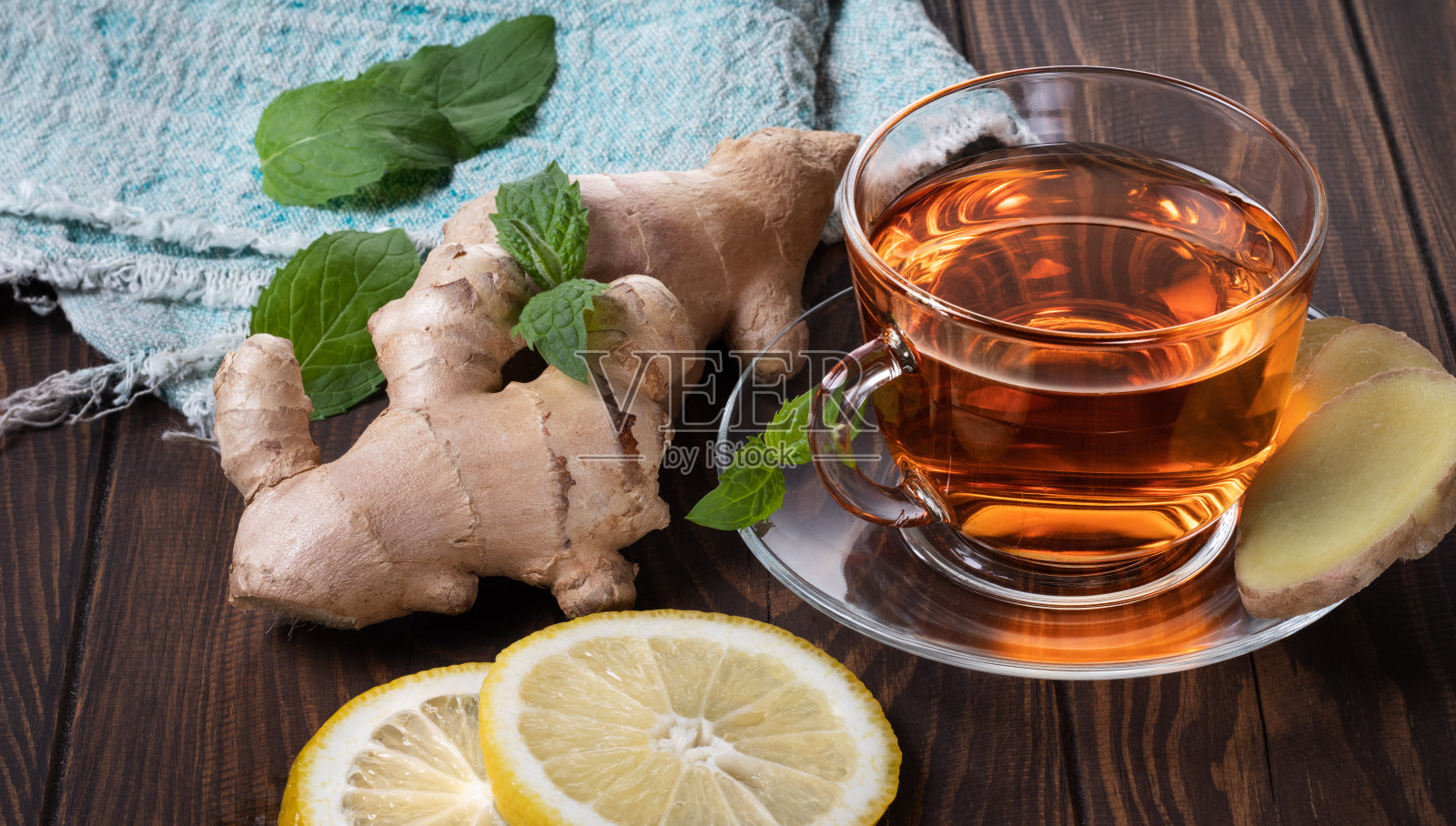 姜，茶，薄荷叶和姜根照片摄影图片
