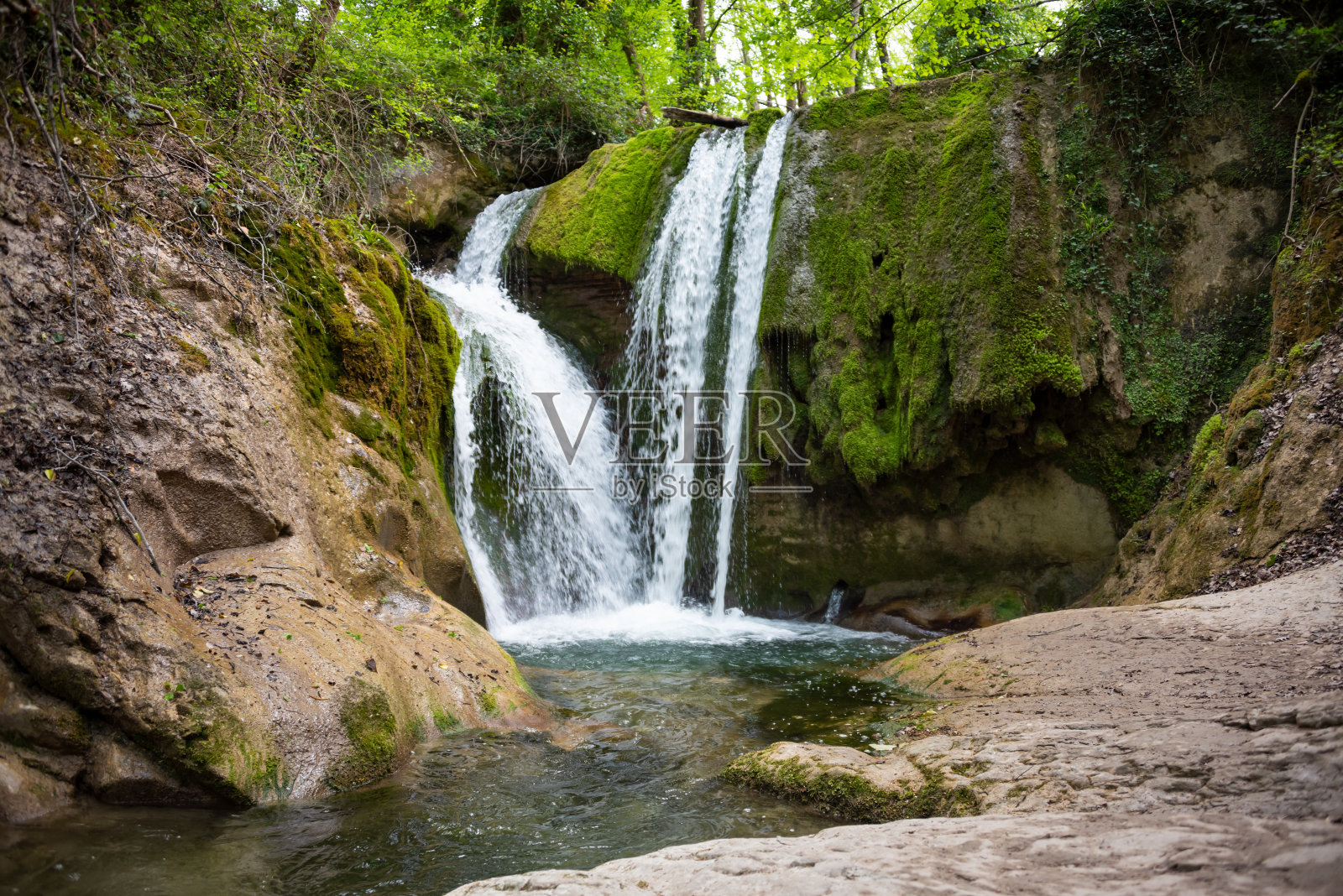 美丽的瀑布在绿林丛中照片摄影图片