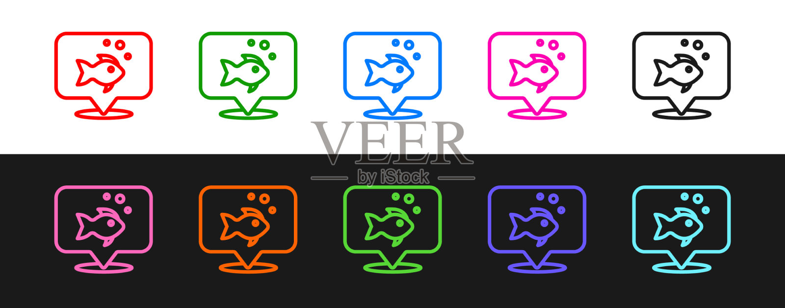 设置线鱼图标孤立在黑色和白色图标素材