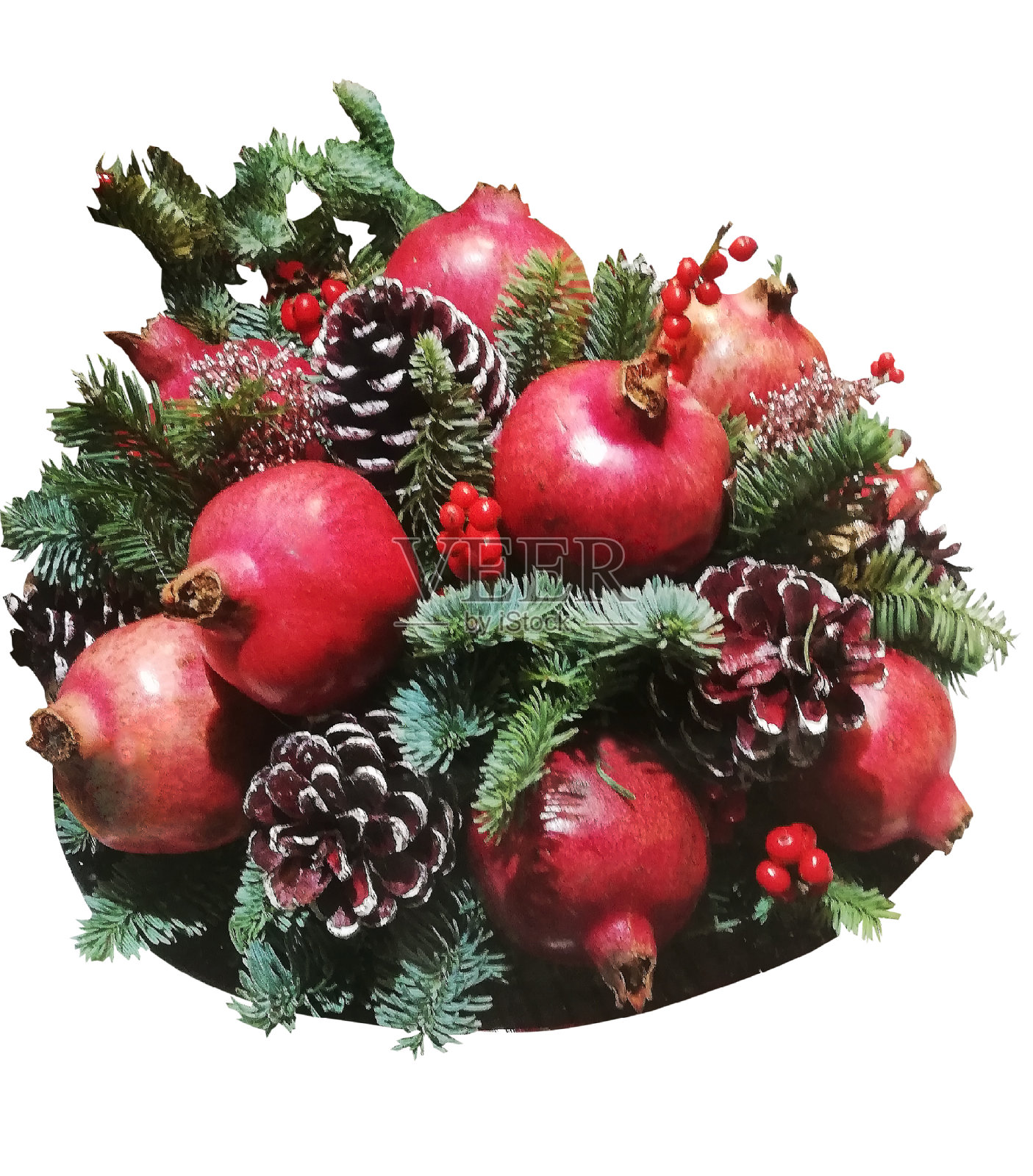 白色背景上的冬季石榴花束和针叶树枝照片摄影图片