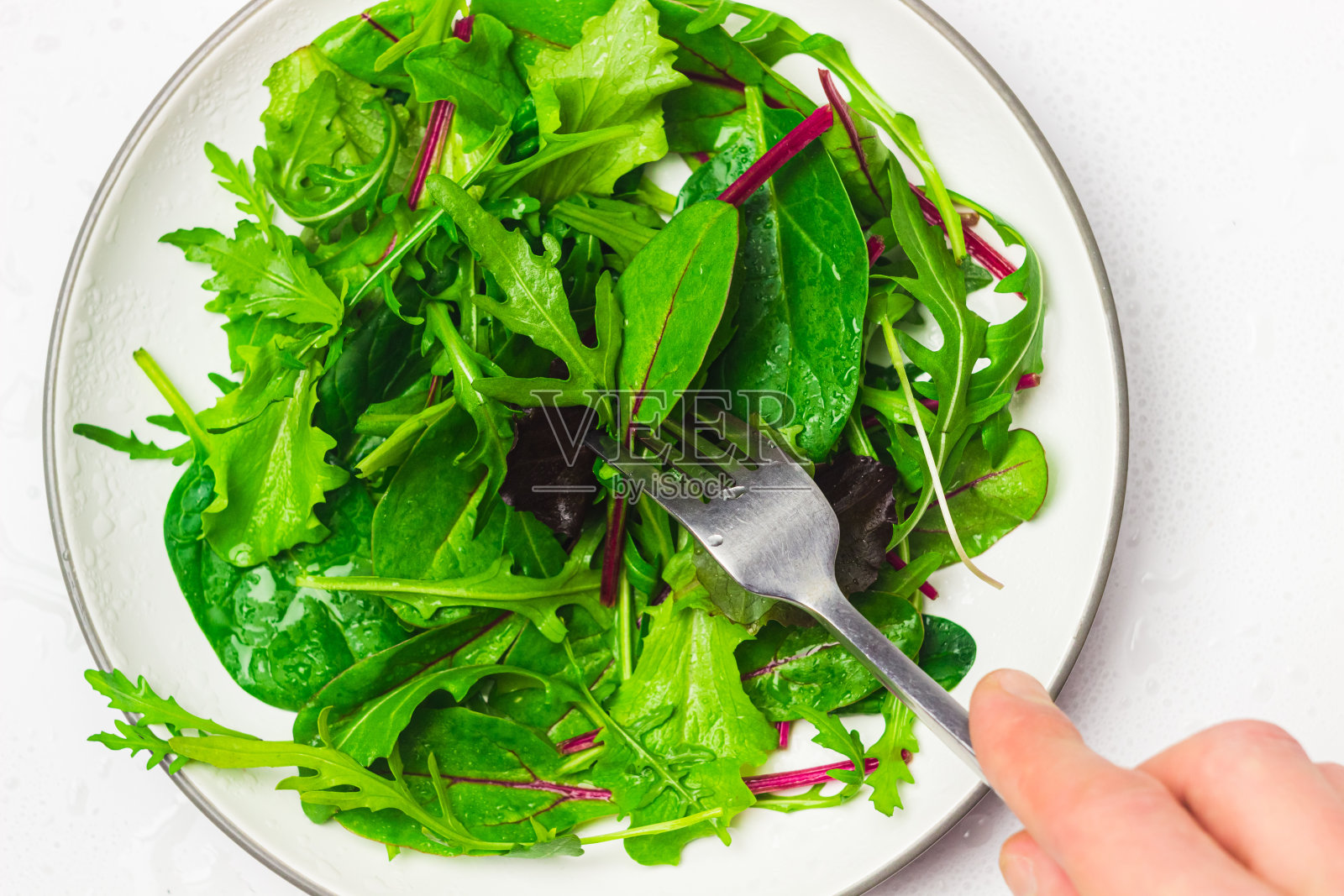 餐叉和餐盘配有新鲜的甜菜沙拉、生菜、菠菜、芝麻叶和萝卜微绿照片摄影图片