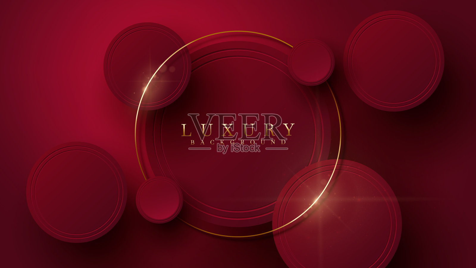 奢华的背景和红色圆圈框架与金线和闪光灯光效果装饰。插画图片素材