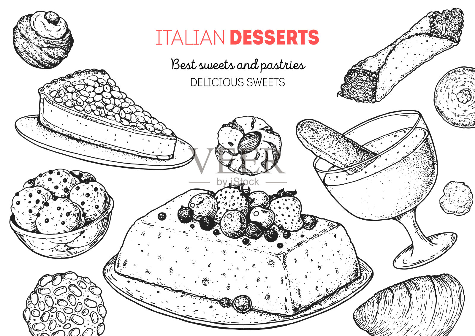 意大利甜点矢量插图。意大利甜手绘素描。复古设计模板。巧克力蛋糕，蛋挞，皮格诺里，塞米弗雷多，萨巴格里奥尼，奶油甜馅卷饼，意大利杏仁酱。插画图片素材