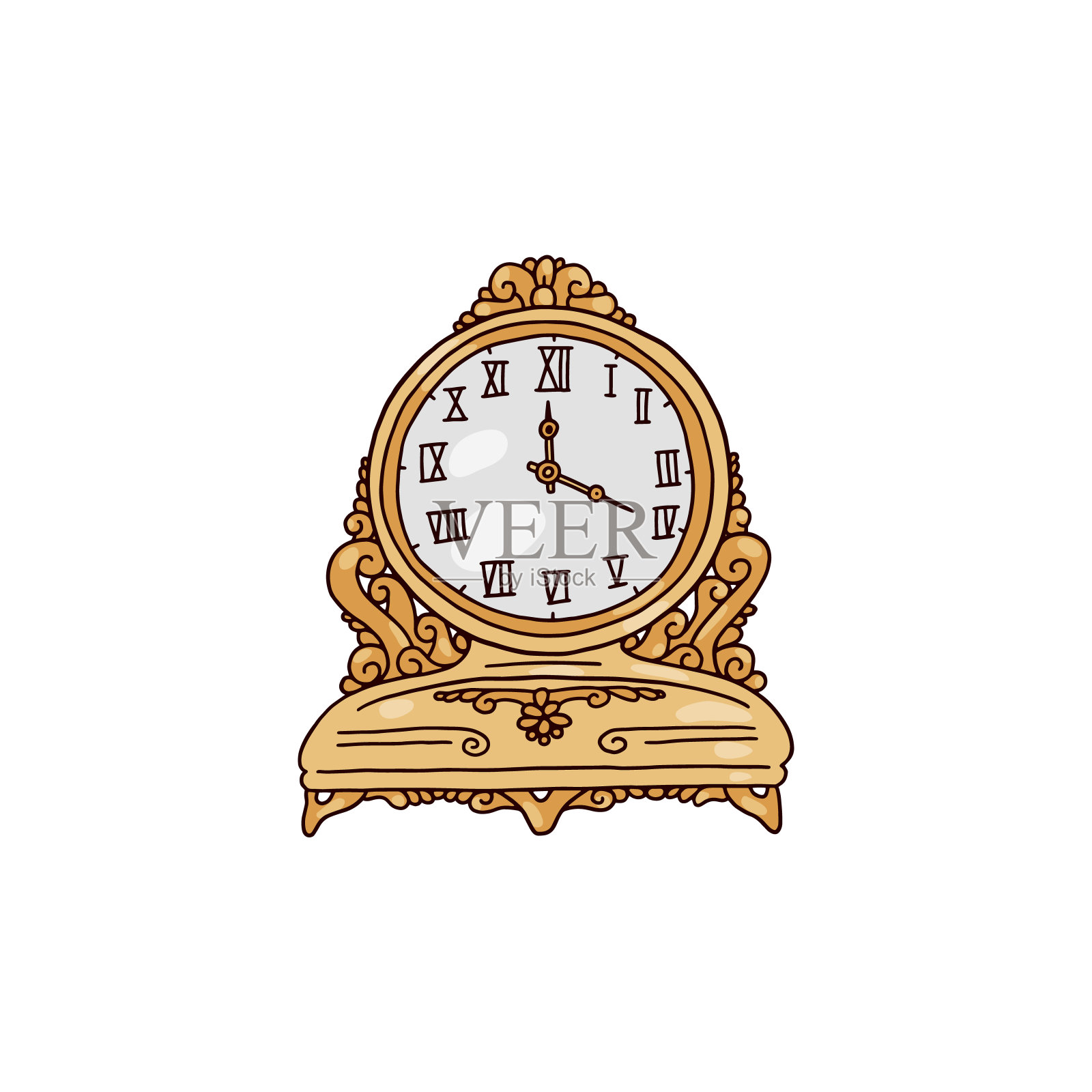 旧手表与圆形表盘和罗马数字，涂鸦矢量插图孤立在白色背景。插画图片素材