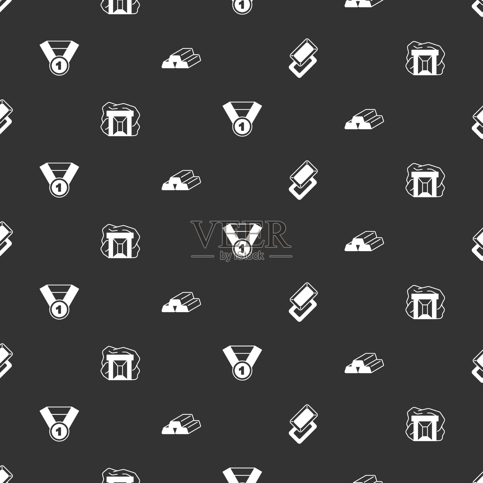 设置金条矿奖牌和无缝图案图标素材