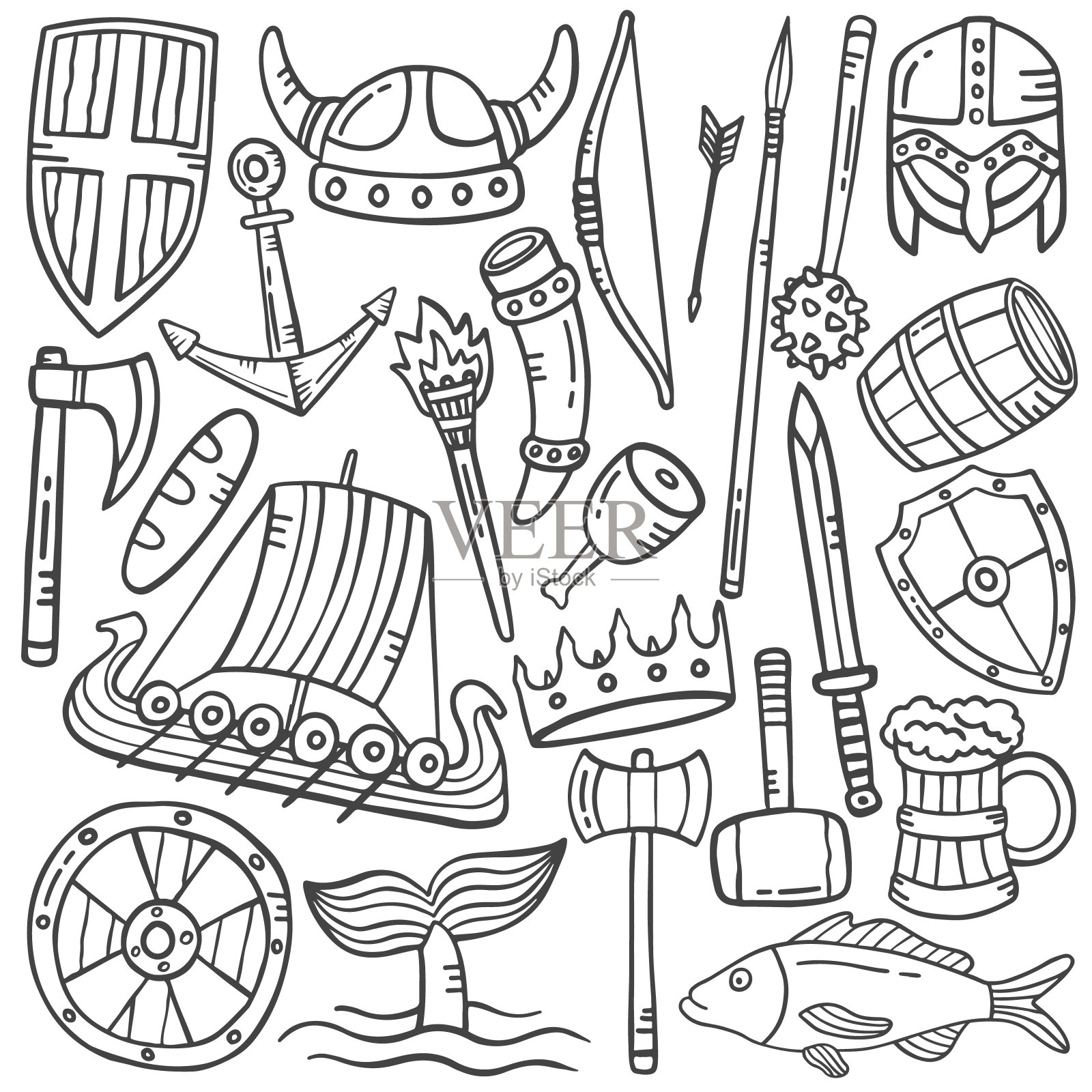 维京概念涂鸦手绘集与轮廓黑白风格插画图片素材