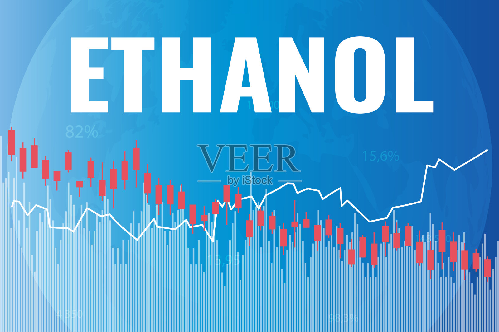 乙醇价格在金融市场上的下跌。文本乙醇蓝色和红色金融背景插画图片素材
