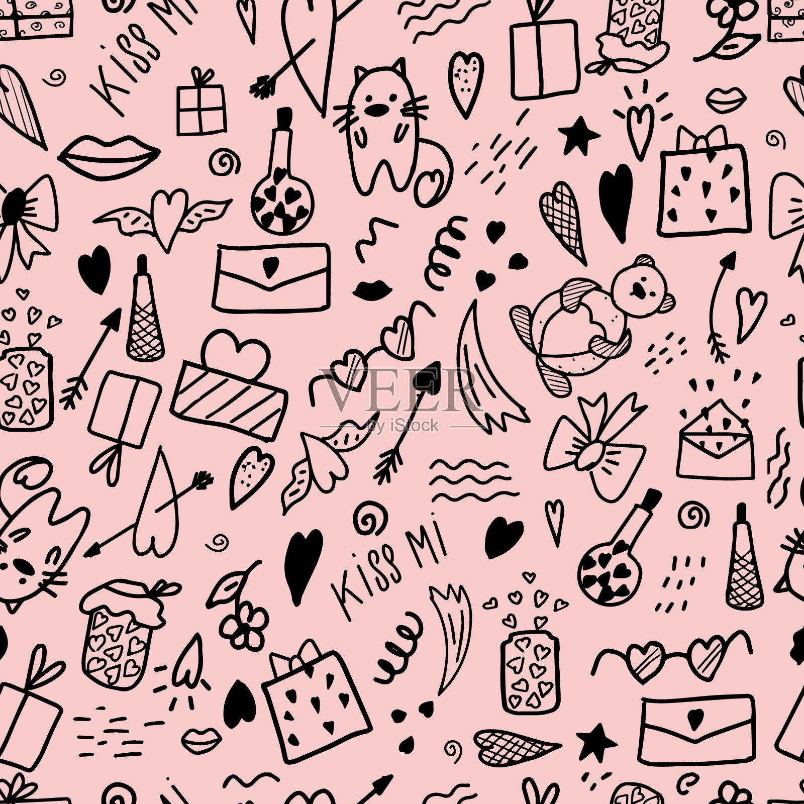 无缝的插图与涂鸦元素为情人节。节日包装或墙纸。粉红色背景上的矢量插图。插画图片素材