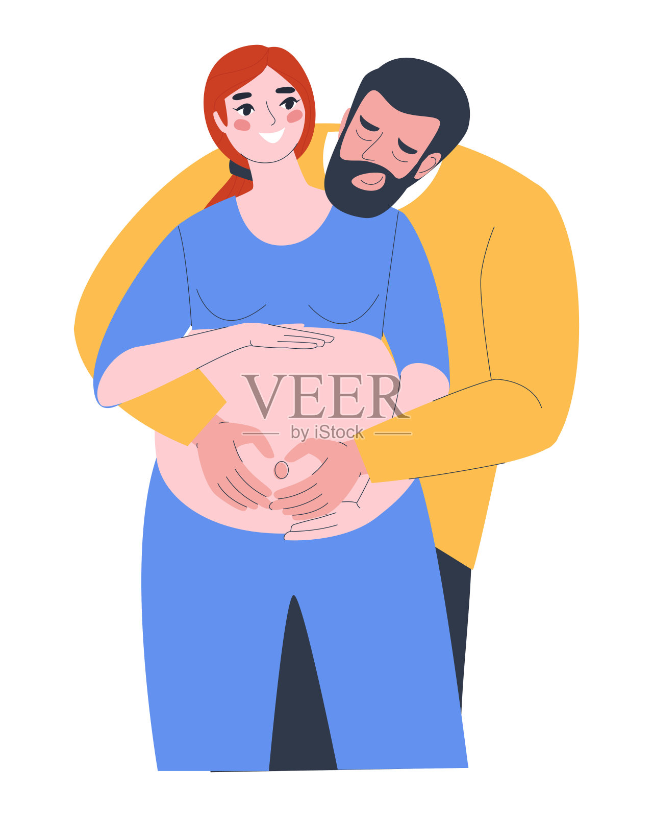 与丈夫在一起的孕妇：丈夫用手拥抱妻子裸露的孕肚，准爸爸尽显温柔插画图片素材